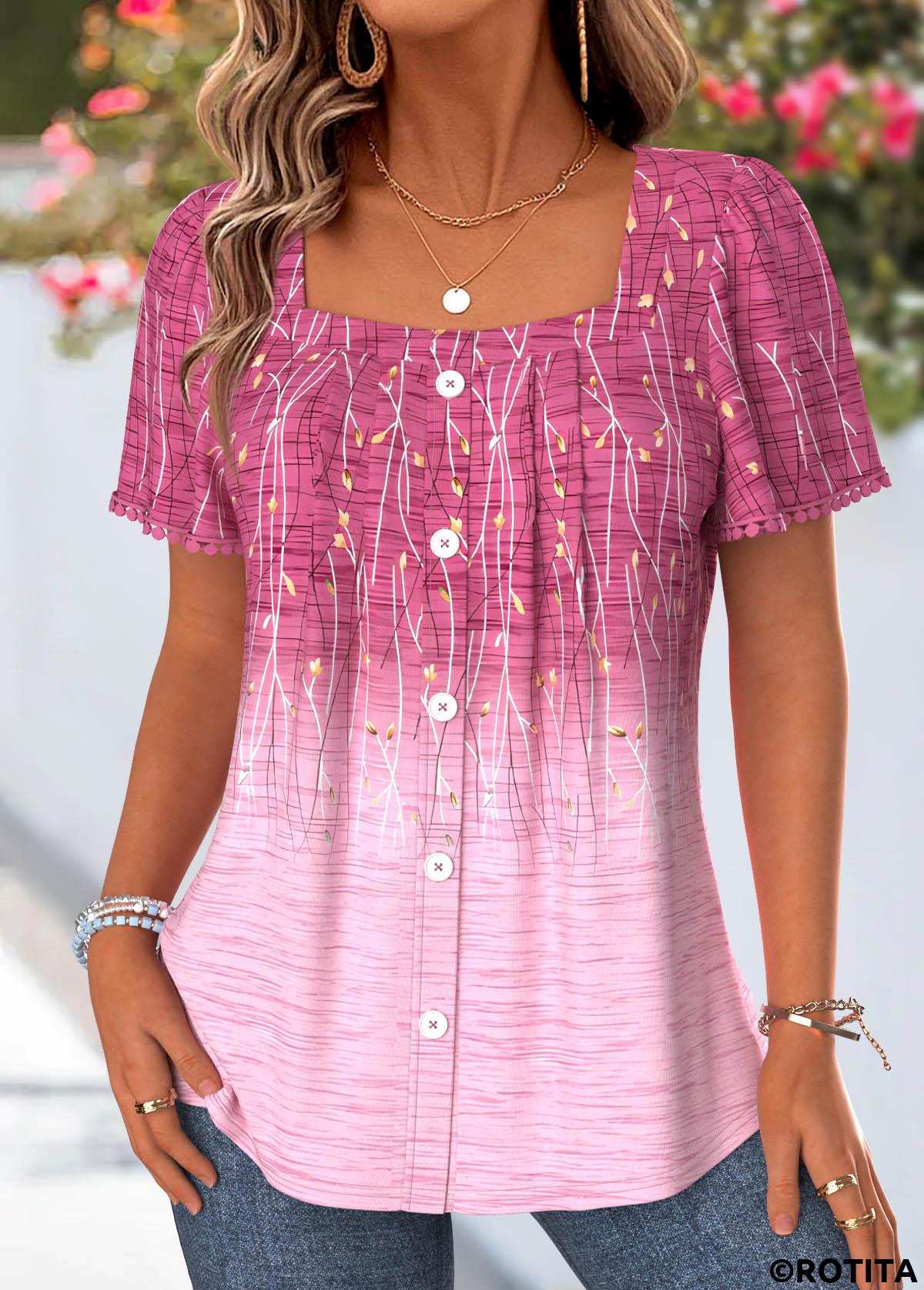 Pink tops,Ombre tops,ROTITA Tummy Coverage Ombre Pink Square Neck Short Sleeve Blouse