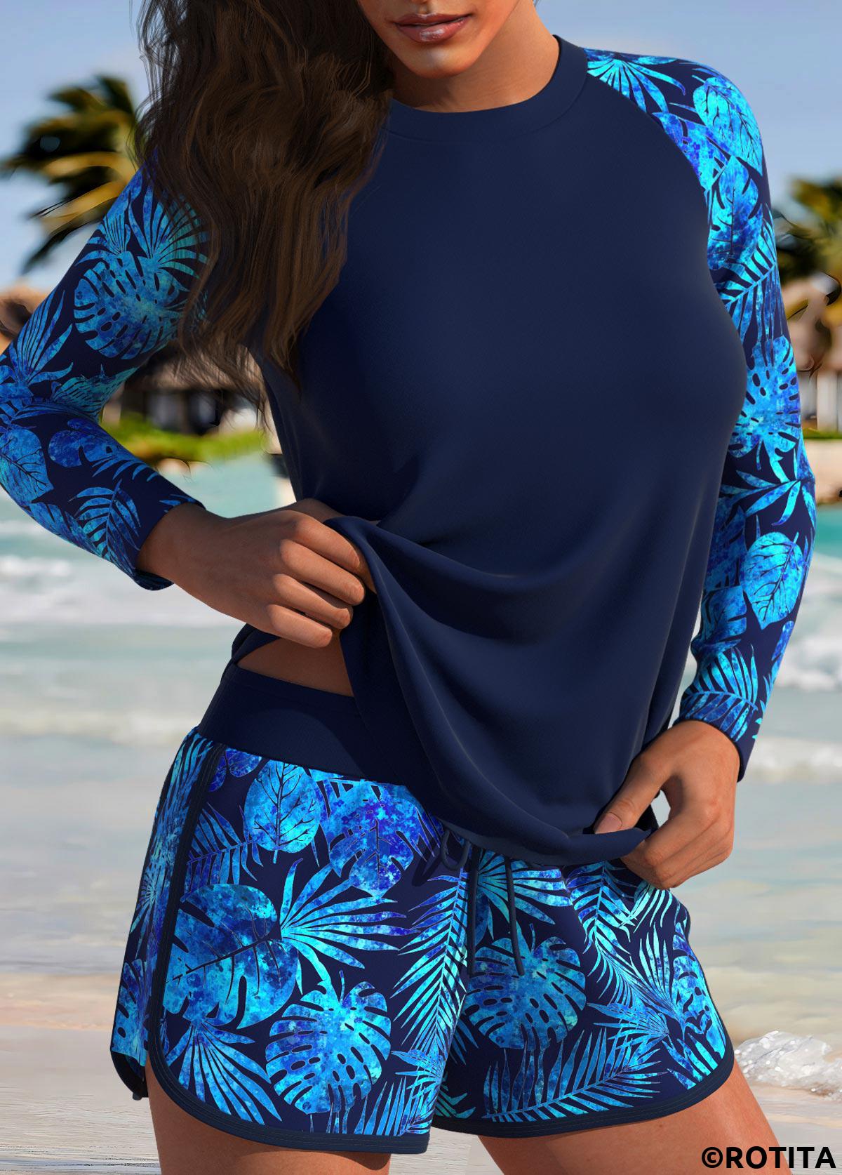 Navy swimwear,Plants swimwear,ROTITA Navy Tummy Coverage Tropical Plants Print Tankini Set