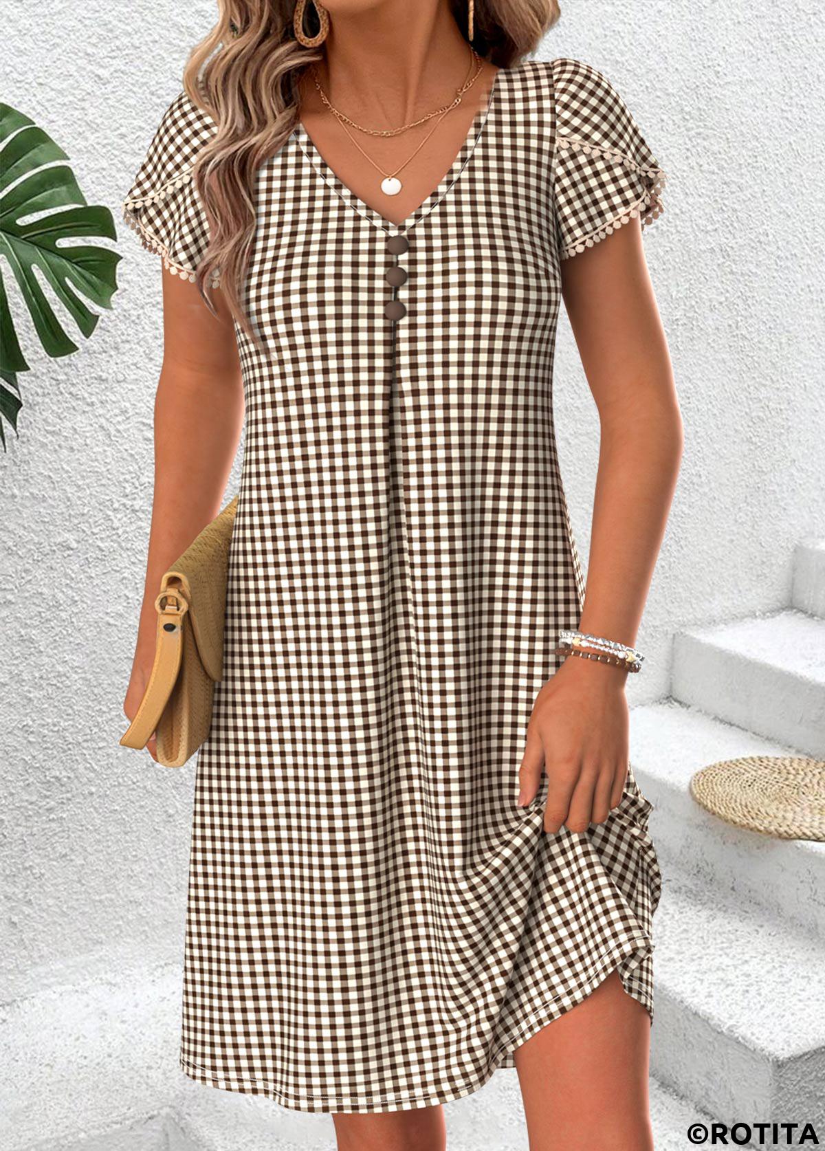 Light Coffee dresses,Plaid dresses,Geometric dresses,Vacation dresses,Vacation dresses,ROTITA Light Coffee Plaid Tummy Coverage Short V Neck Dress