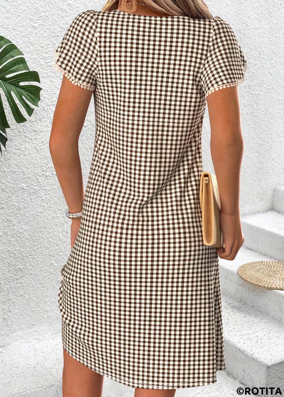 Light Coffee dresses,Plaid dresses,Geometric dresses,Vacation dresses,Vacation dresses,ROTITA Light Coffee Plaid Tummy Coverage Short V Neck Dress