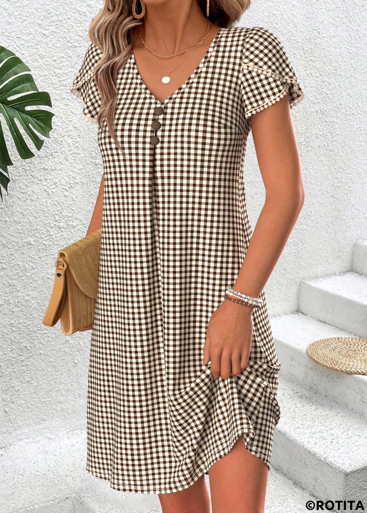 Light Coffee dresses,Plaid dresses,Geometric dresses,Vacation dresses,Vacation dresses,ROTITA Light Coffee Plaid Tummy Coverage Short V Neck Dress