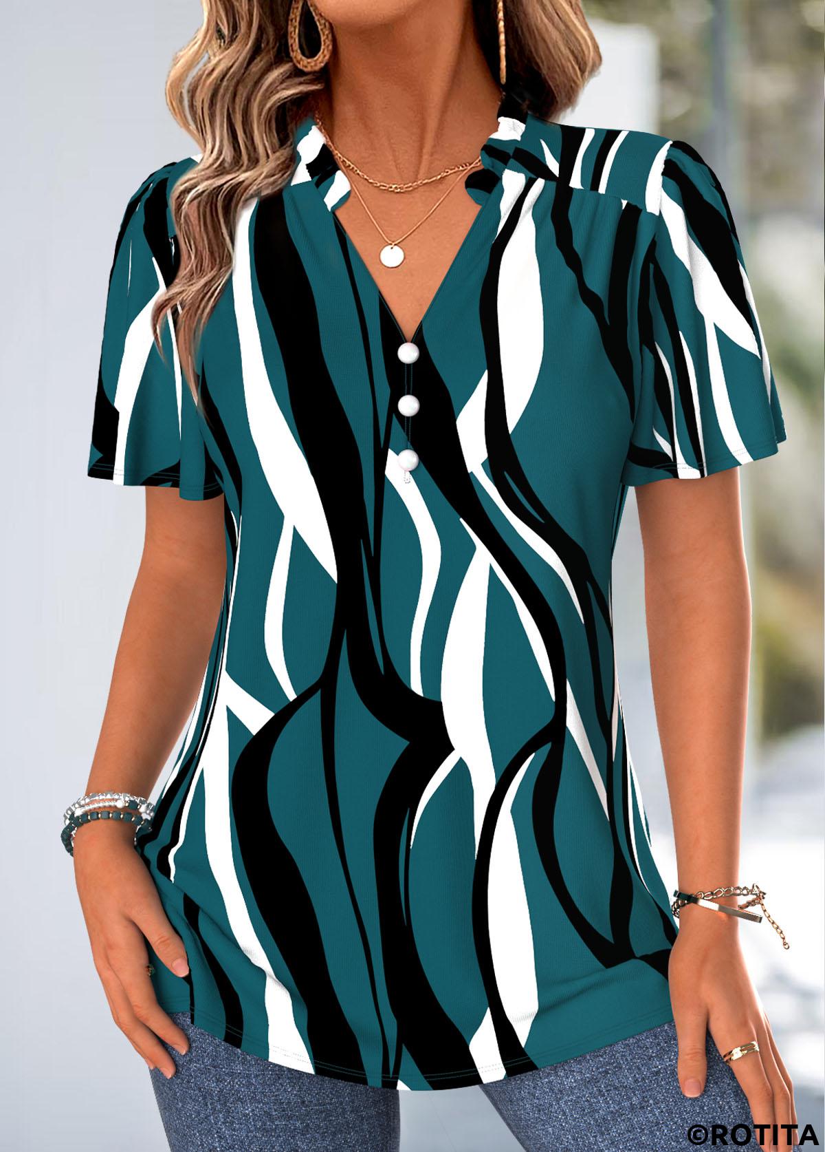 Blackish Green tops,Geometric tops,ROTITA Frill Geometric Print Blackish Green V Neck Blouse