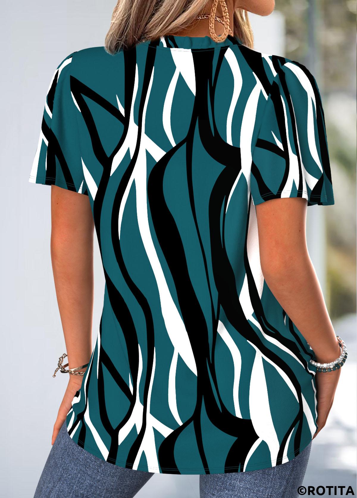 Blackish Green tops,Geometric tops,ROTITA Frill Geometric Print Blackish Green V Neck Blouse