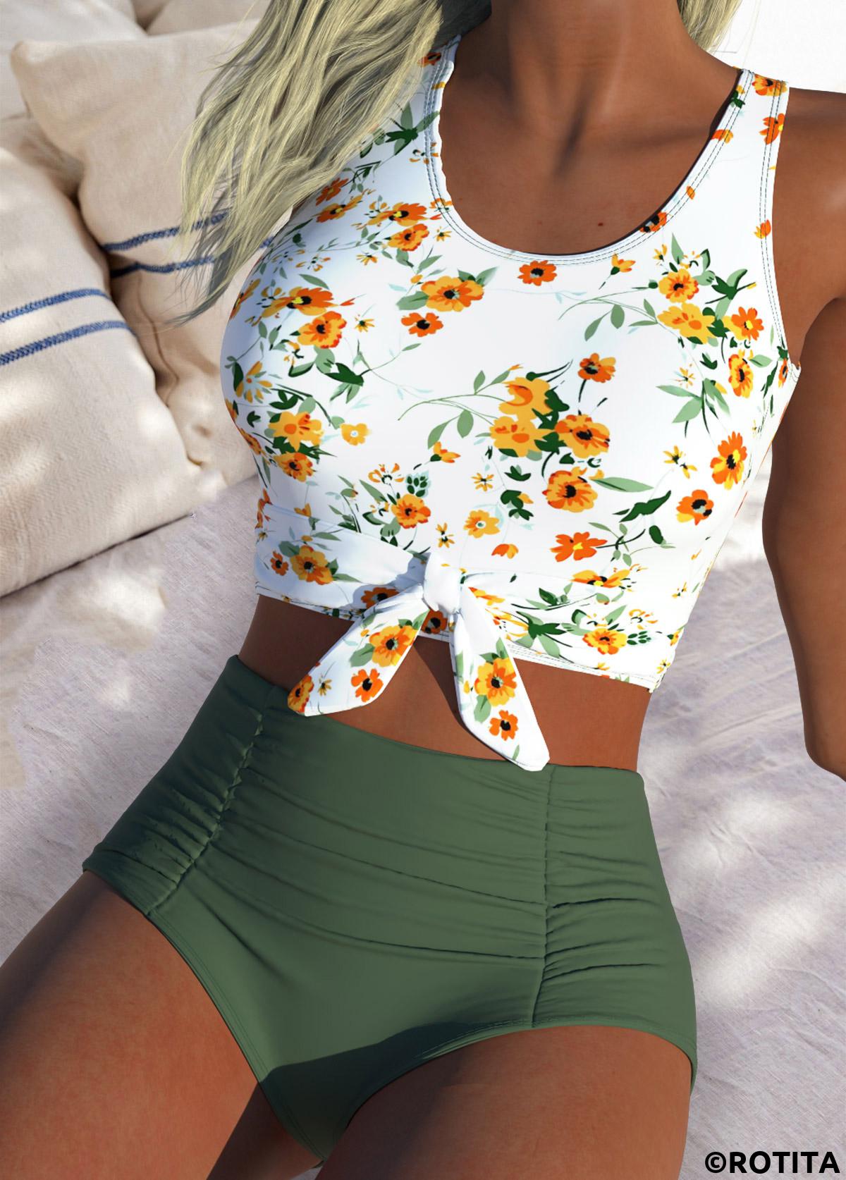 Sage Green swimwear,Ditsy Floral swimwear,ROTITA Sage Green Ditsy Floral Print High Waisted Bikini Set