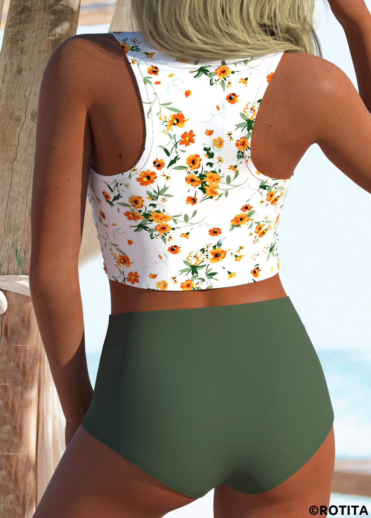 Sage Green swimwear,Ditsy Floral swimwear,ROTITA Sage Green Ditsy Floral Print High Waisted Bikini Set