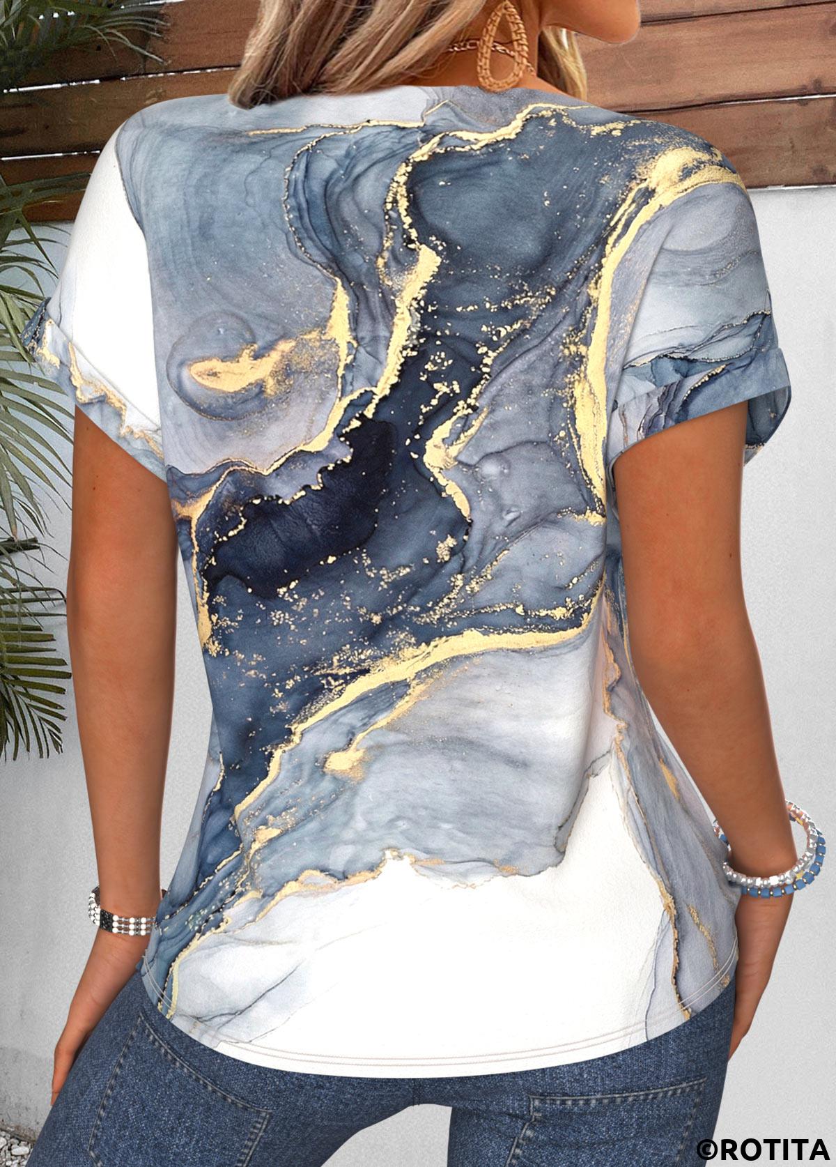 Blue tops,Ombre tops,ROTITA Curved Hem Ombre Blue Split Neck T Shirt