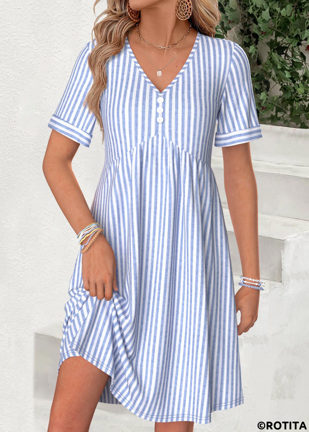 Light Blue dresses,Striped dresses,Geometric dresses,Everyday dresses,Casual dresses,ROTITA Light Blue Striped Shirred Short V Neck Dress