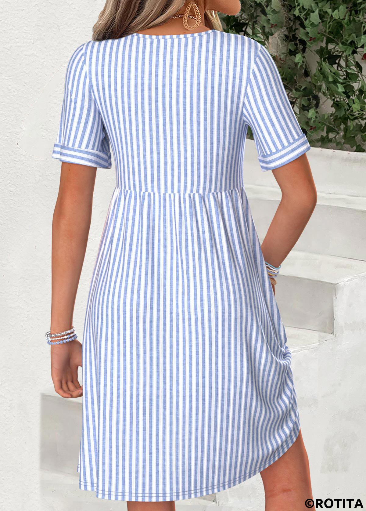 Light Blue dresses,Striped dresses,Geometric dresses,Everyday dresses,Casual dresses,ROTITA Light Blue Striped Shirred Short V Neck Dress