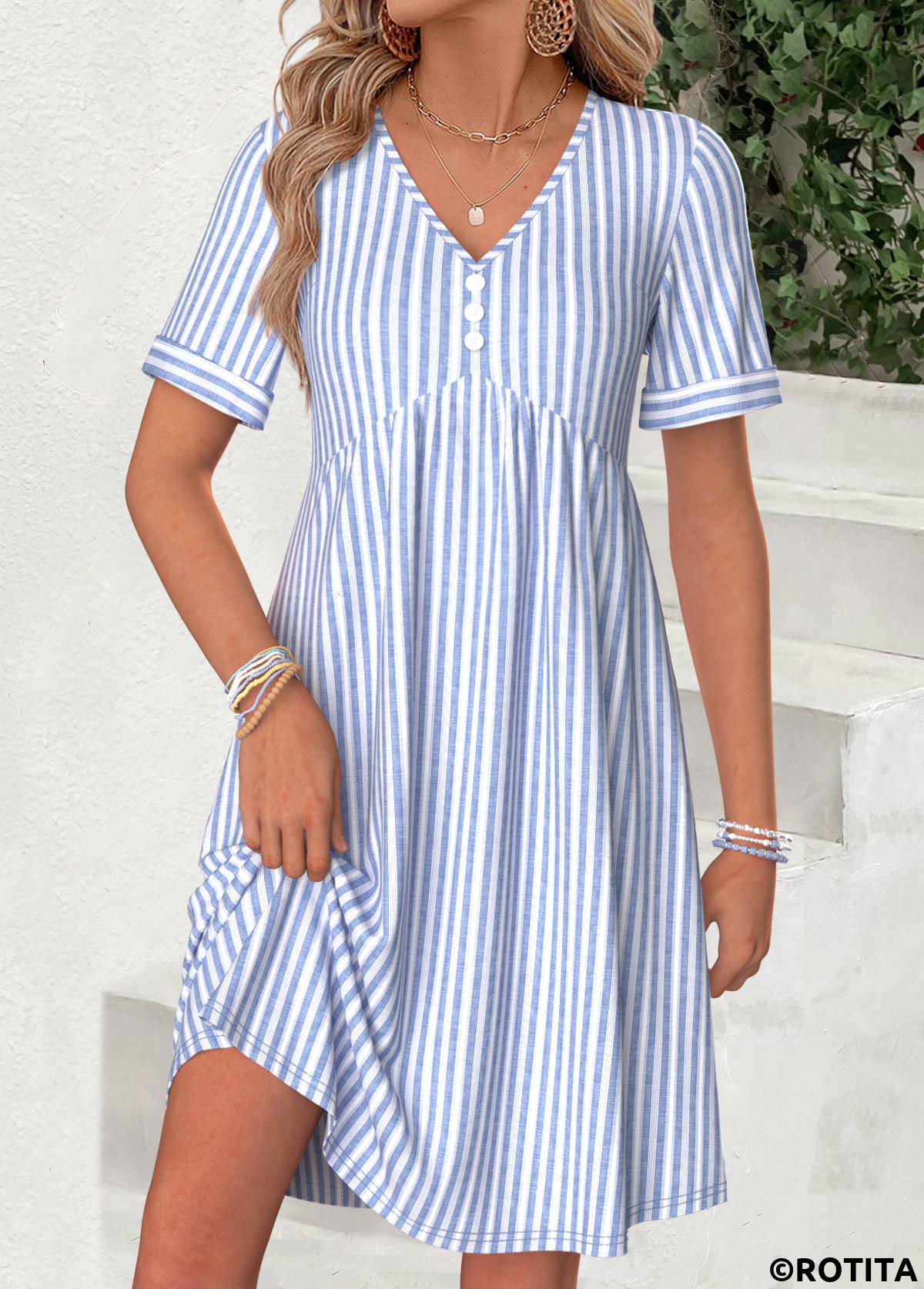 Light Blue dresses,Striped dresses,Geometric dresses,Everyday dresses,Casual dresses,ROTITA Light Blue Striped Shirred Short V Neck Dress