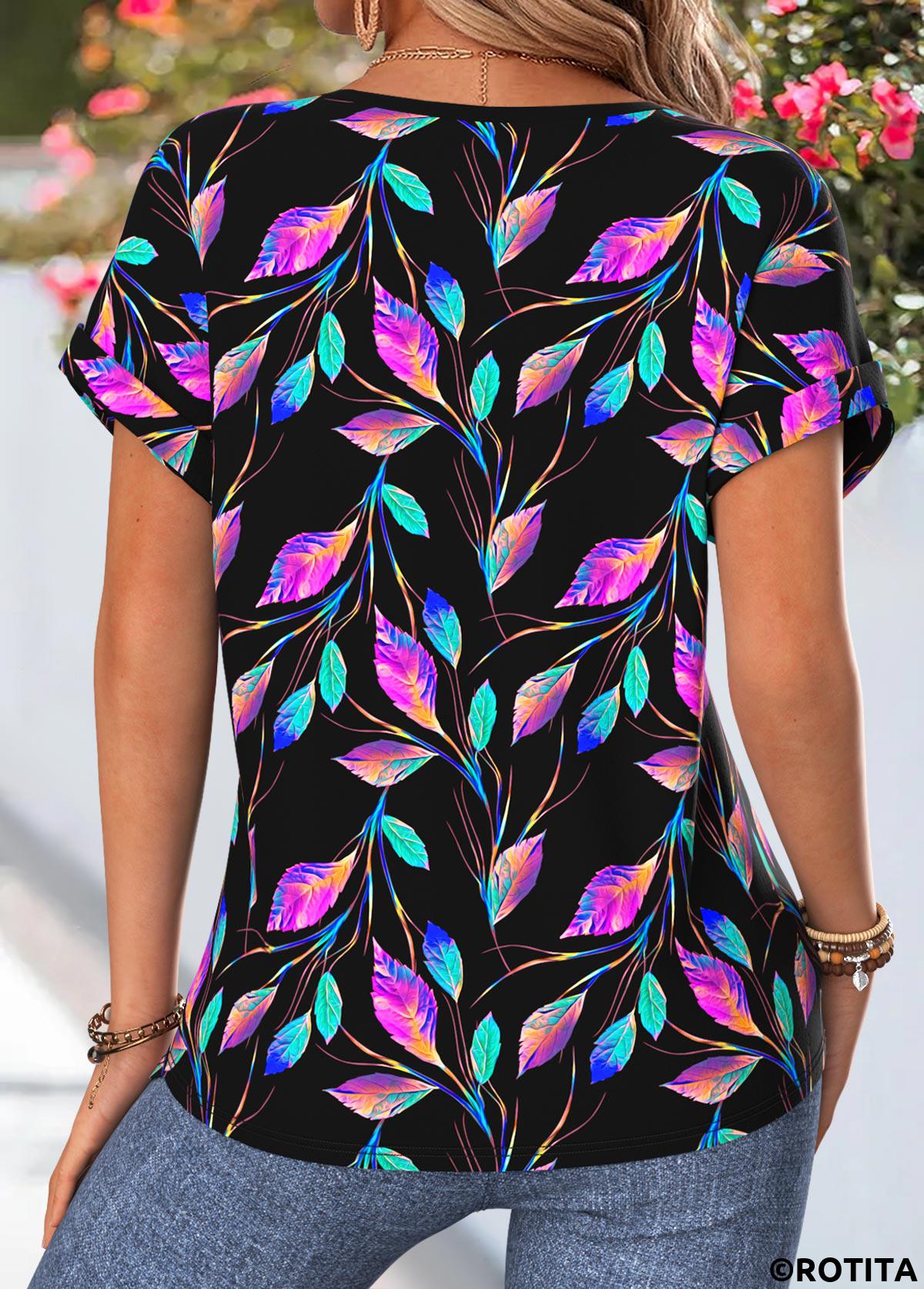 Black tops,Floral tops,Plants tops,ROTITA Tummy Coverage Floral Print Black Split Neck Blouse
