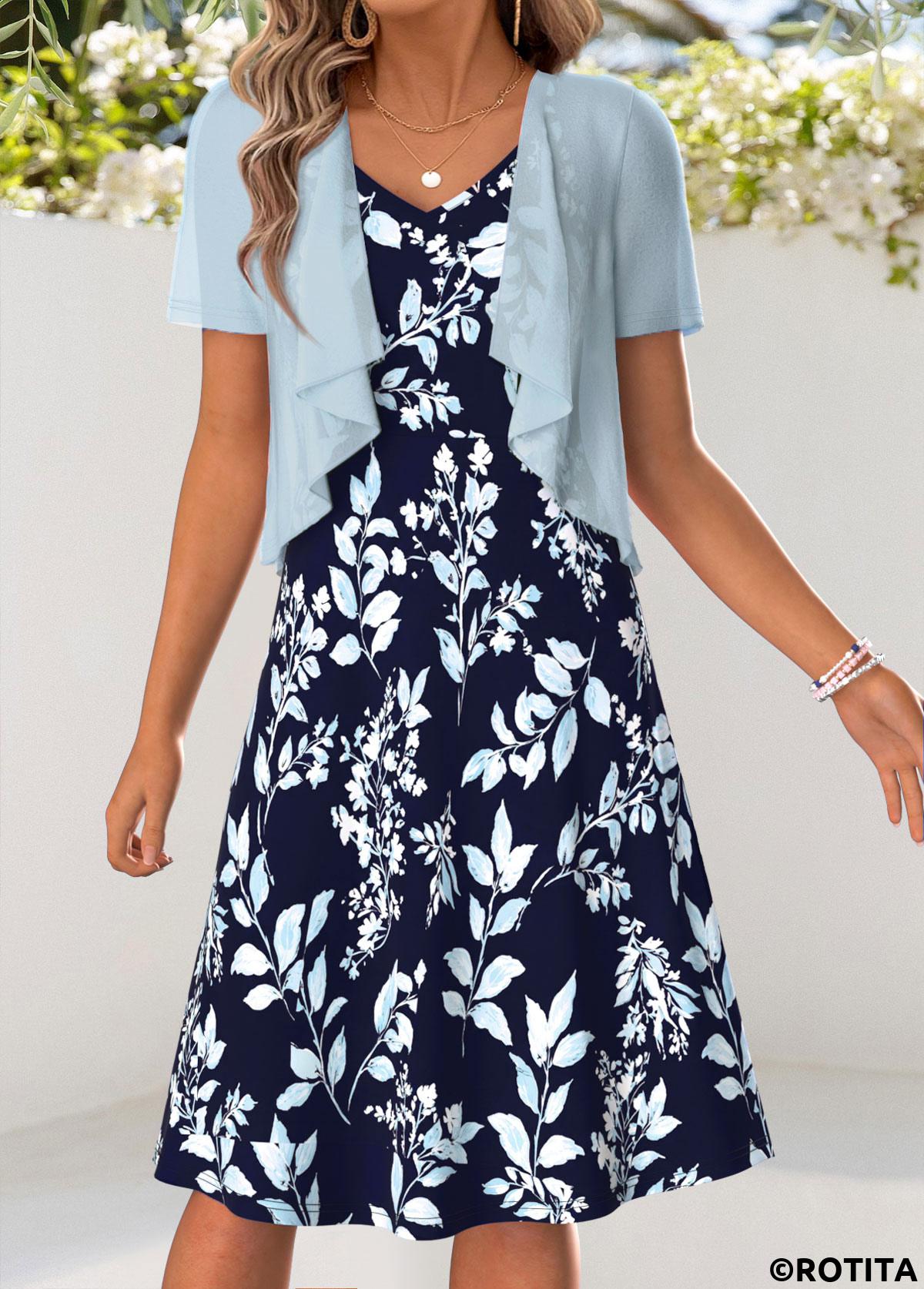 Light Blue dresses,Plants dresses,Everyday dresses,Casual dresses,ROTITA Light Blue Leaf Print Tummy Coverage Dress and Cardigan