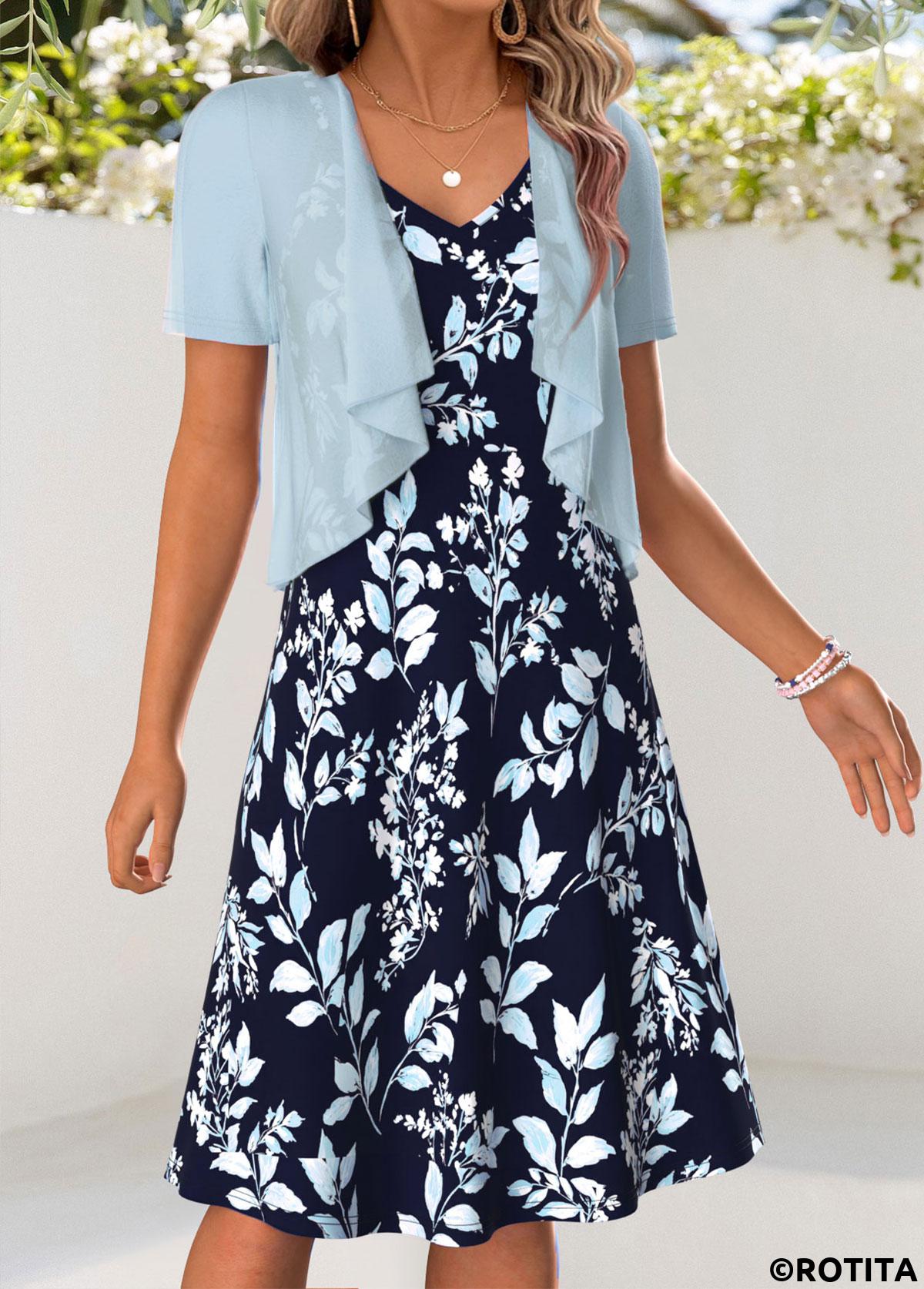 Light Blue dresses,Plants dresses,Everyday dresses,Casual dresses,ROTITA Light Blue Leaf Print Tummy Coverage Dress and Cardigan
