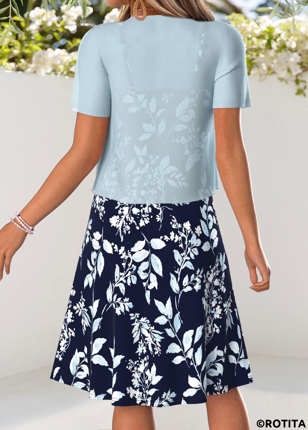 Light Blue dresses,Plants dresses,Everyday dresses,Casual dresses,ROTITA Light Blue Leaf Print Tummy Coverage Dress and Cardigan