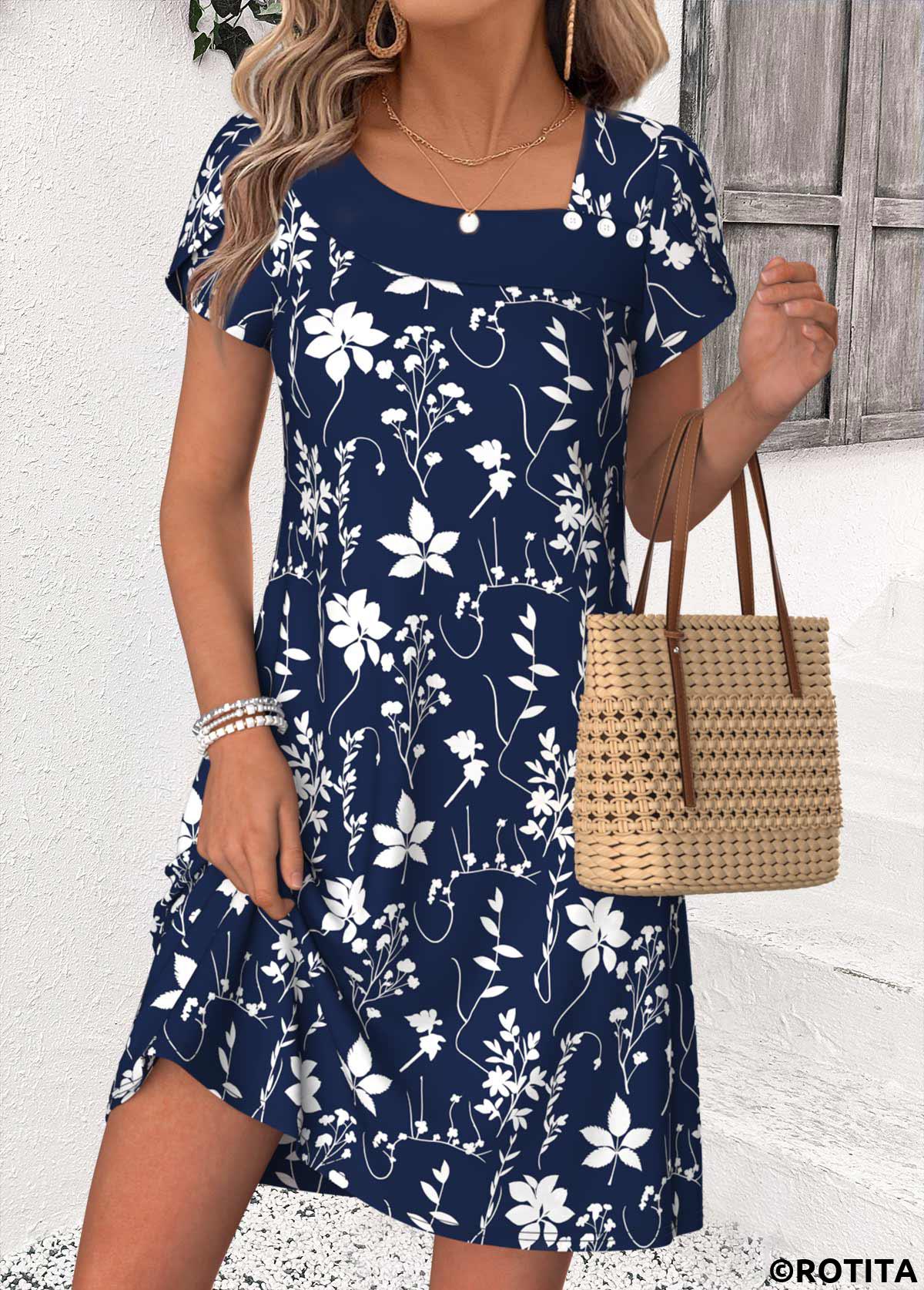 Navy dresses,Plants dresses,Everyday dresses,Casual dresses,ROTITA Navy Leaf Print Patchwork Short Asymmetrical Neck Dress