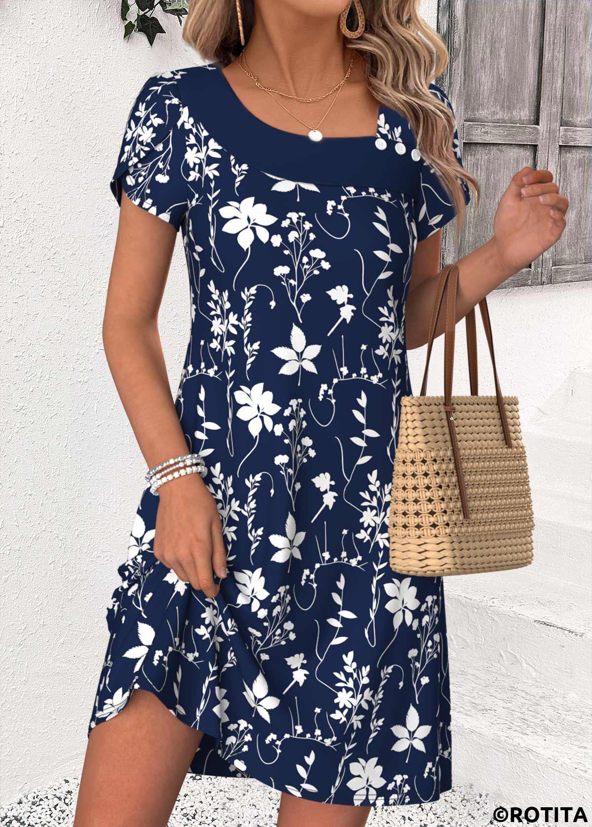 Navy dresses,Plants dresses,Everyday dresses,Casual dresses,ROTITA Navy Leaf Print Patchwork Short Asymmetrical Neck Dress