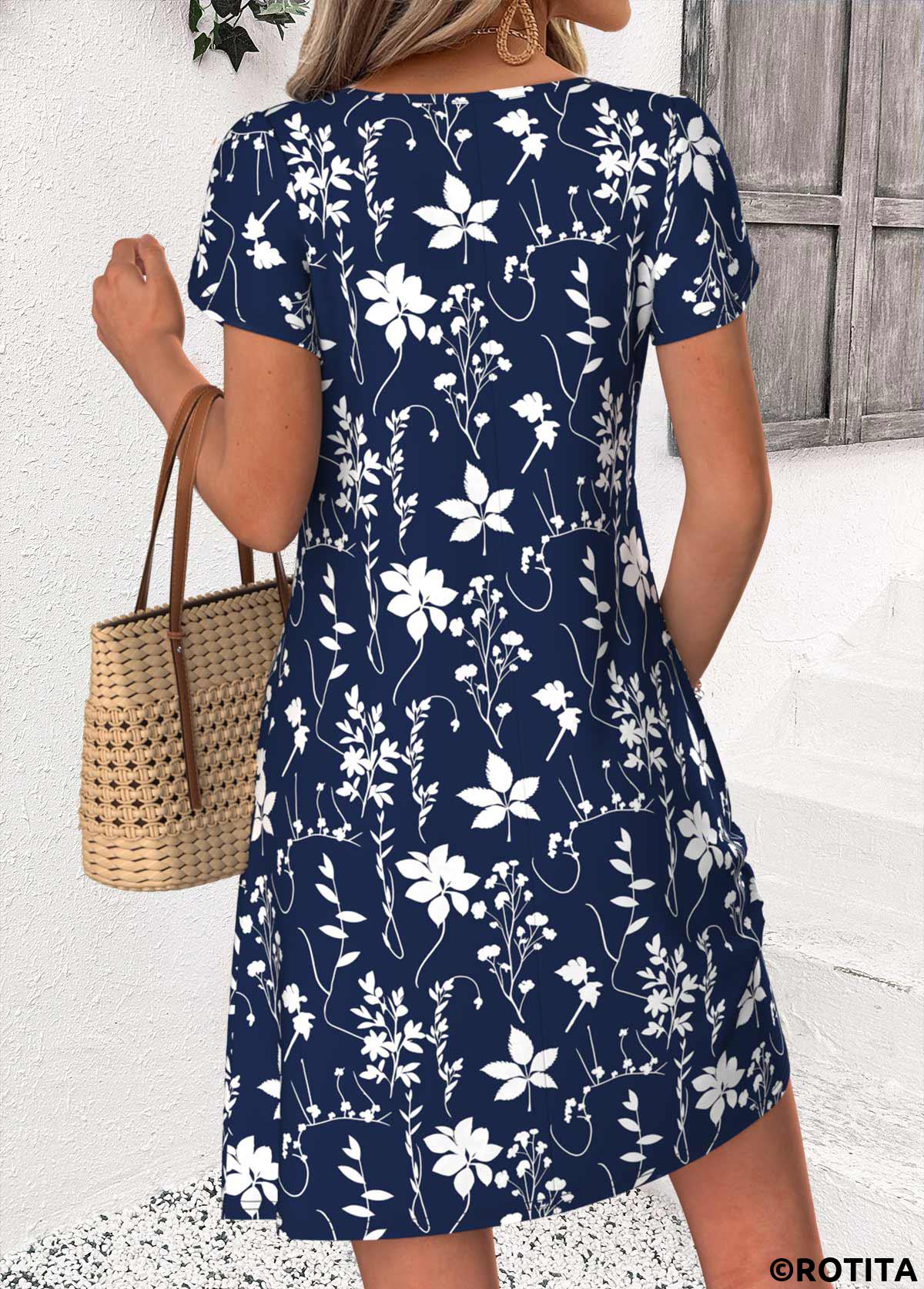 Navy dresses,Plants dresses,Everyday dresses,Casual dresses,ROTITA Navy Leaf Print Patchwork Short Asymmetrical Neck Dress