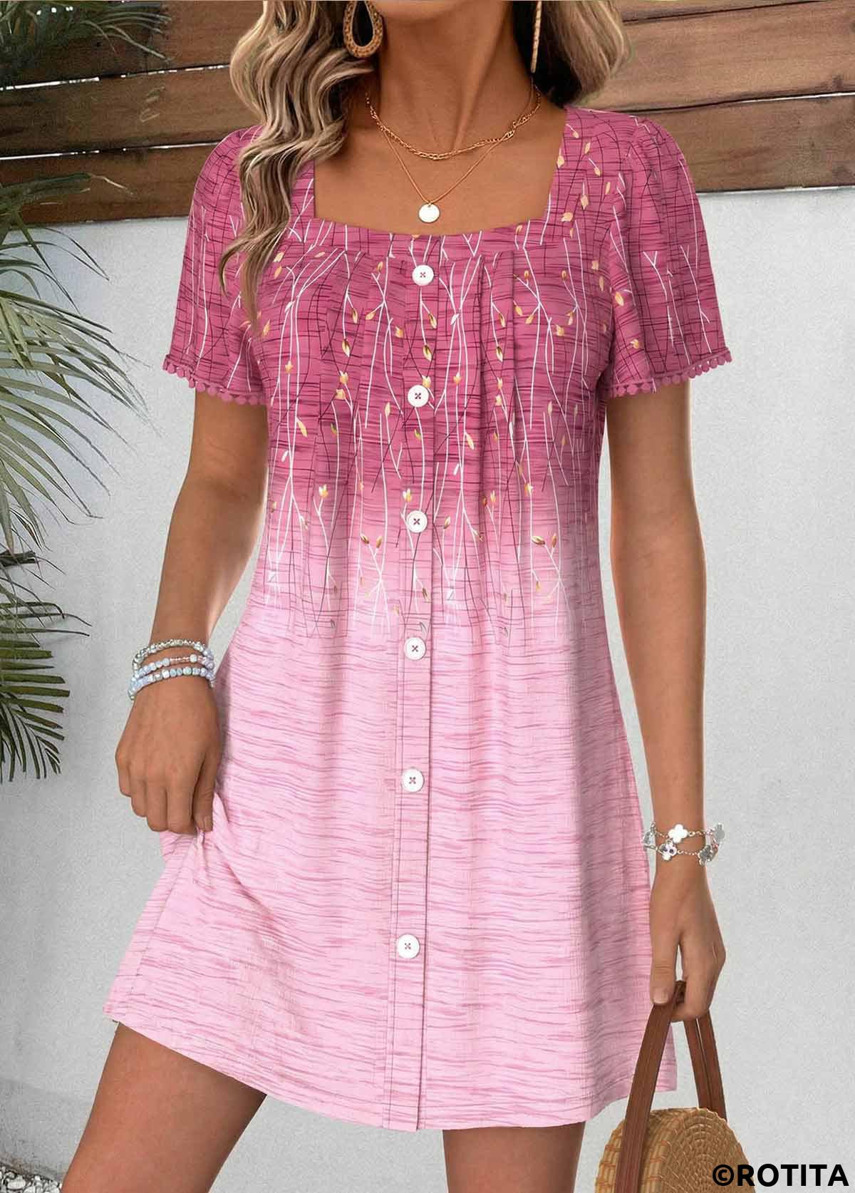 Pink dresses,Floral dresses,Plants dresses,Everyday dresses,Casual dresses,ROTITA Pink Floral Print Tummy Coverage Short Square Neck Dress