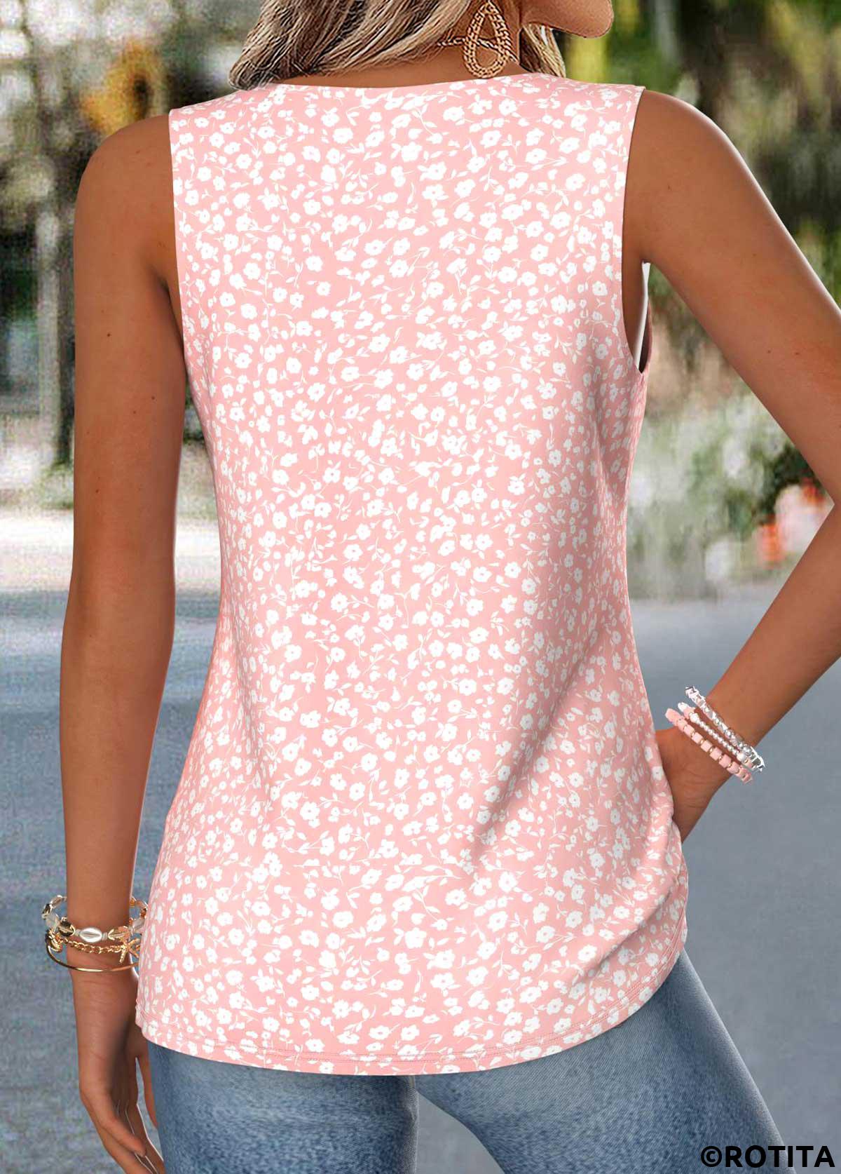 Light Pink tops,Ditsy Floral tops,ROTITA Curved Hem Ditsy Floral Print Light Pink Tank Top
