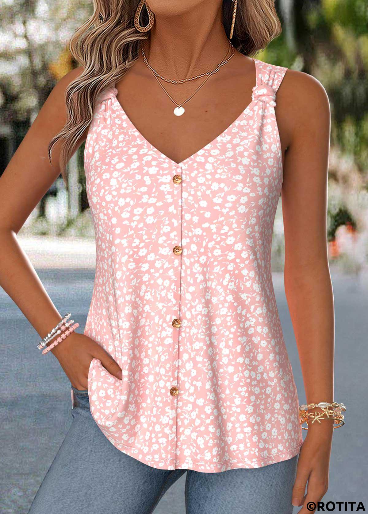 Light Pink tops,Ditsy Floral tops,ROTITA Curved Hem Ditsy Floral Print Light Pink Tank Top