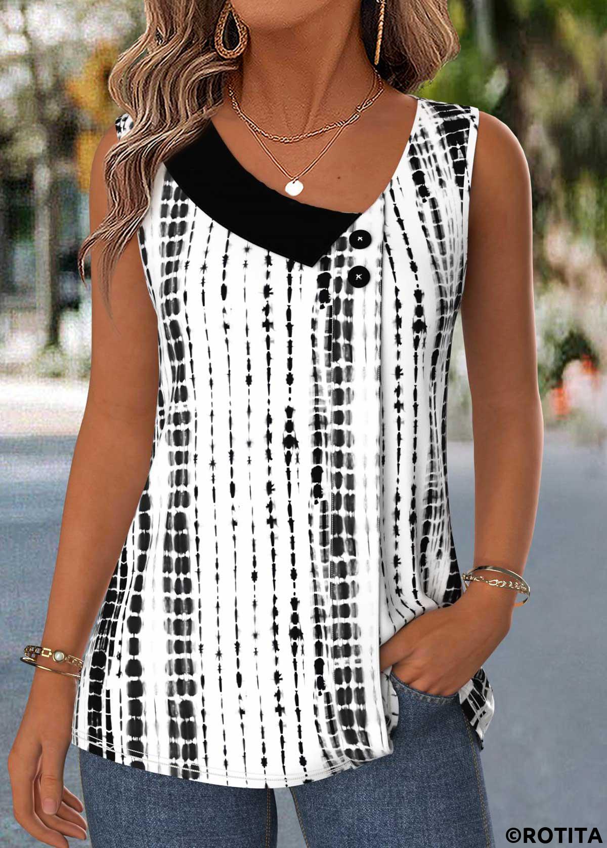 Raw white tops,Geometric tops,ROTITA Patchwork Geometric Print Raw White Asymmetrical Neck Tank Top
