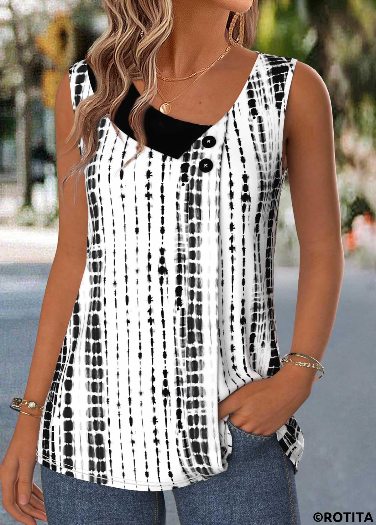 Raw white tops,Geometric tops,ROTITA Patchwork Geometric Print Raw White Asymmetrical Neck Tank Top