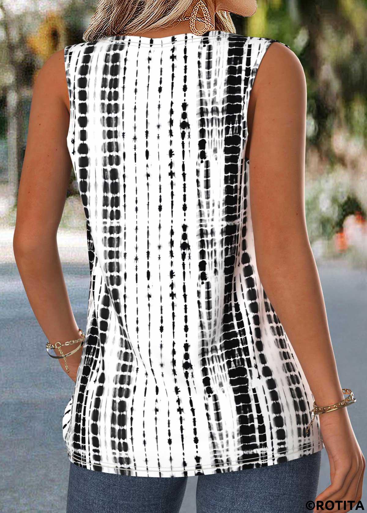 Raw white tops,Geometric tops,ROTITA Patchwork Geometric Print Raw White Asymmetrical Neck Tank Top