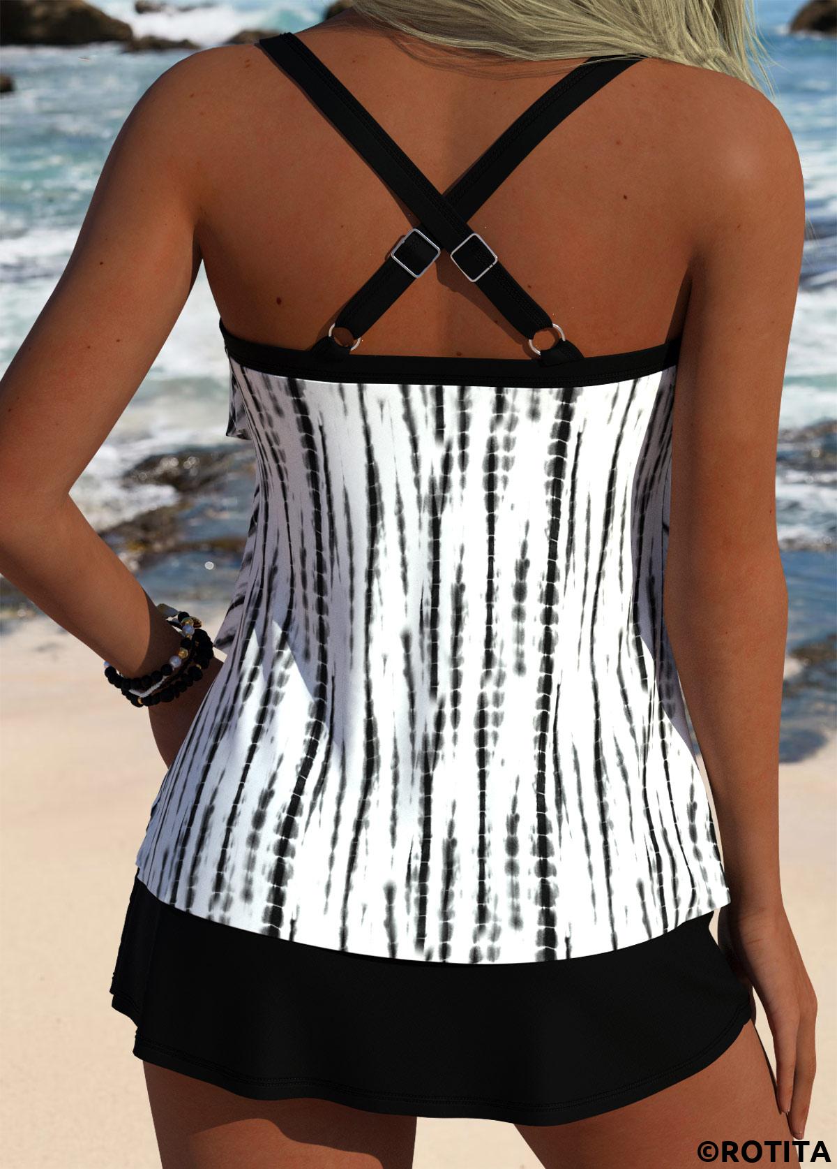 Black swimwear,Tie Dye swimwear,ROTITA Black Tie Dye Print Mid Waisted Tankini Set