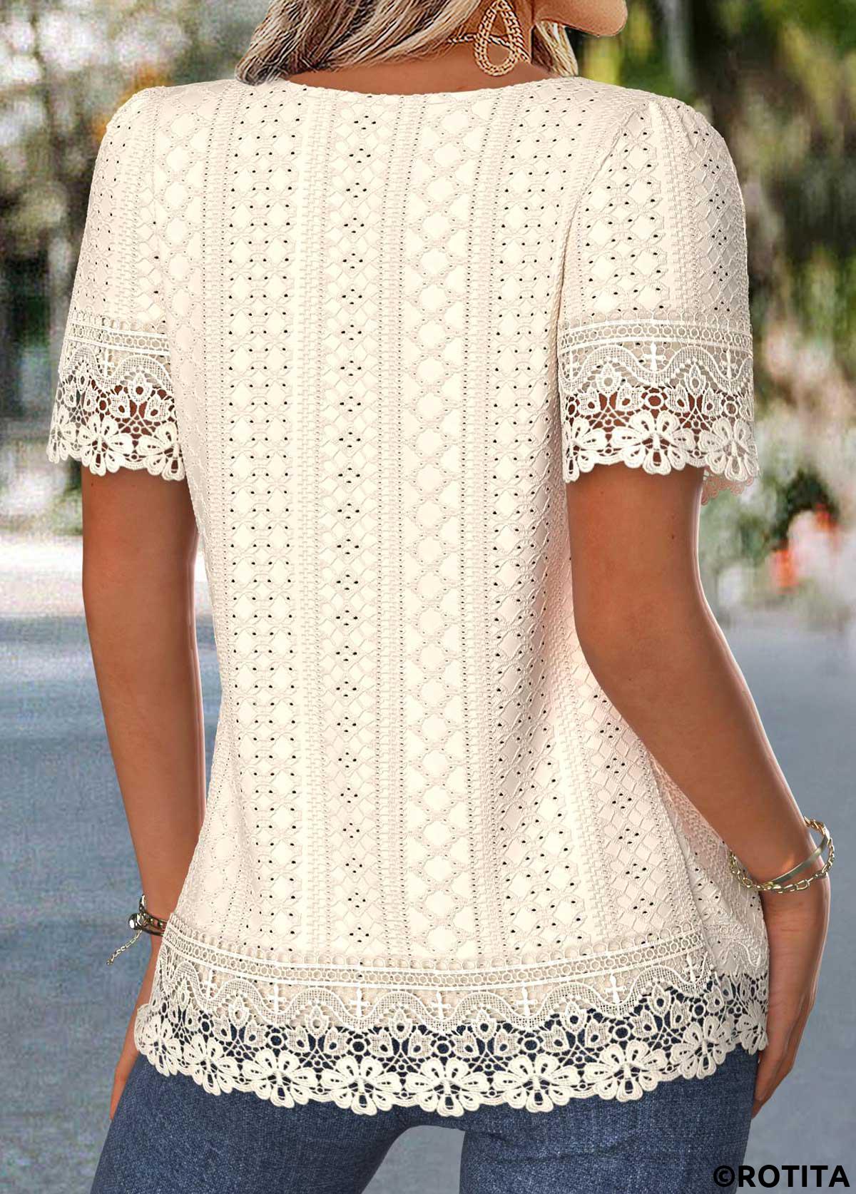 Beige tops,Plain Color tops,ROTITA Patchwork Beige Square Neck Short Sleeve T Shirt