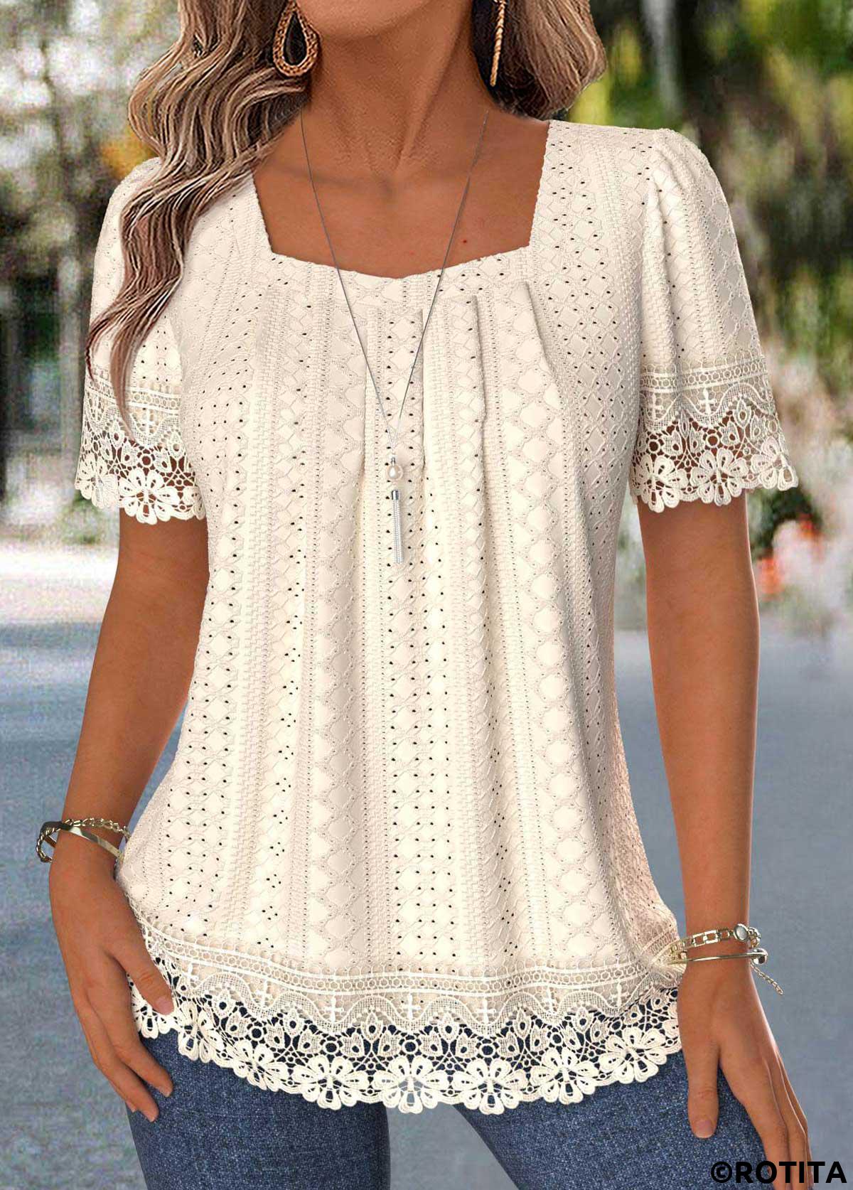 Beige tops,Plain Color tops,ROTITA Patchwork Beige Square Neck Short Sleeve T Shirt