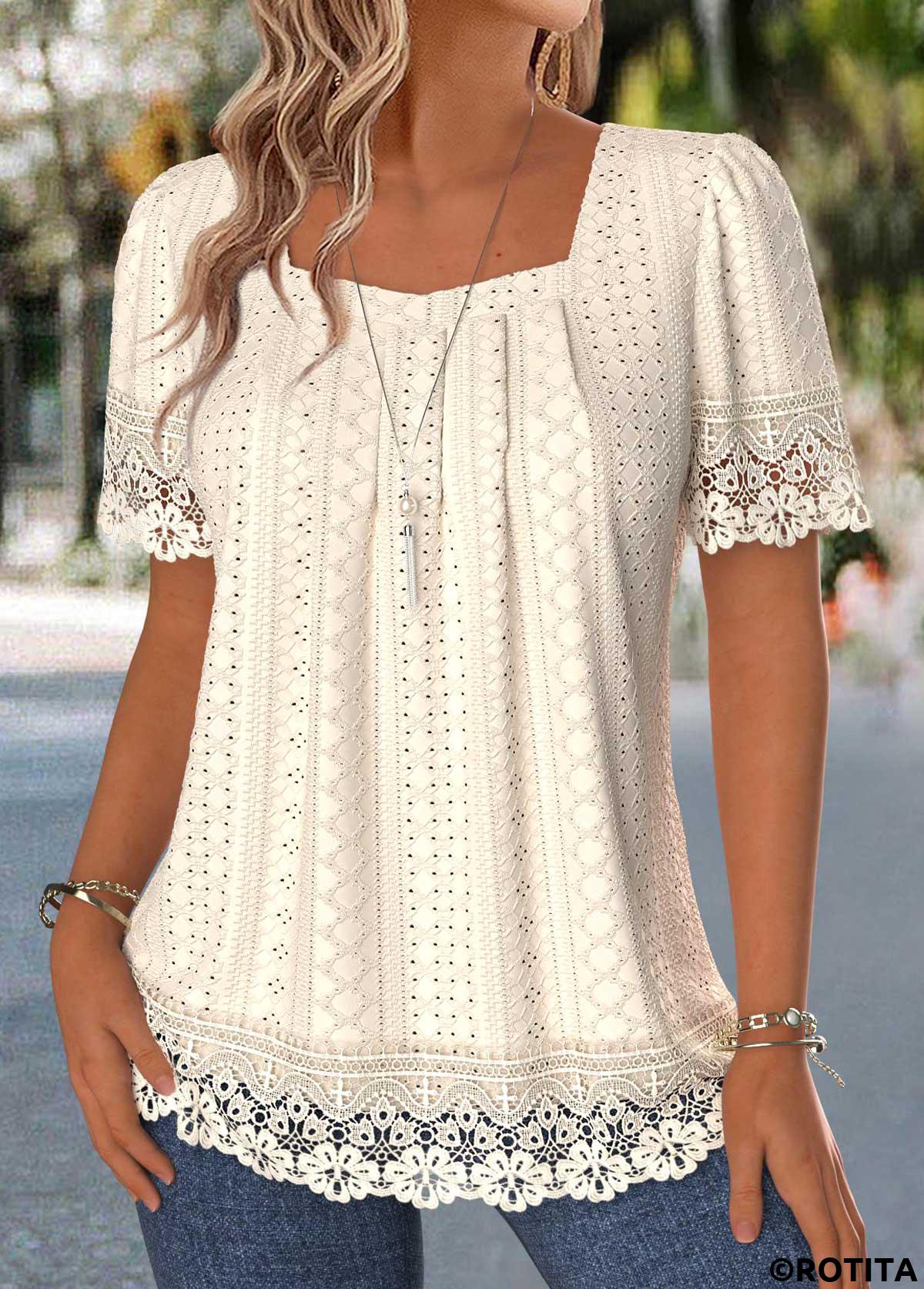 Beige tops,Plain Color tops,ROTITA Patchwork Beige Square Neck Short Sleeve T Shirt