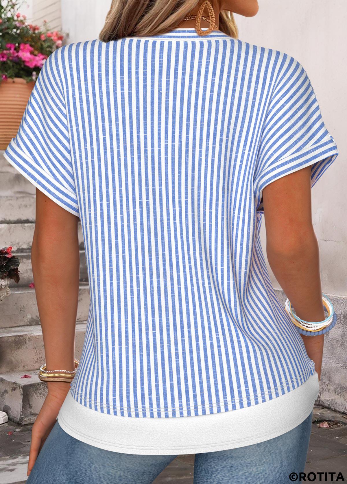 Blue tops,Striped tops,Geometric tops,ROTITA Fake 2in1 Striped Blue Split Neck T Shirt