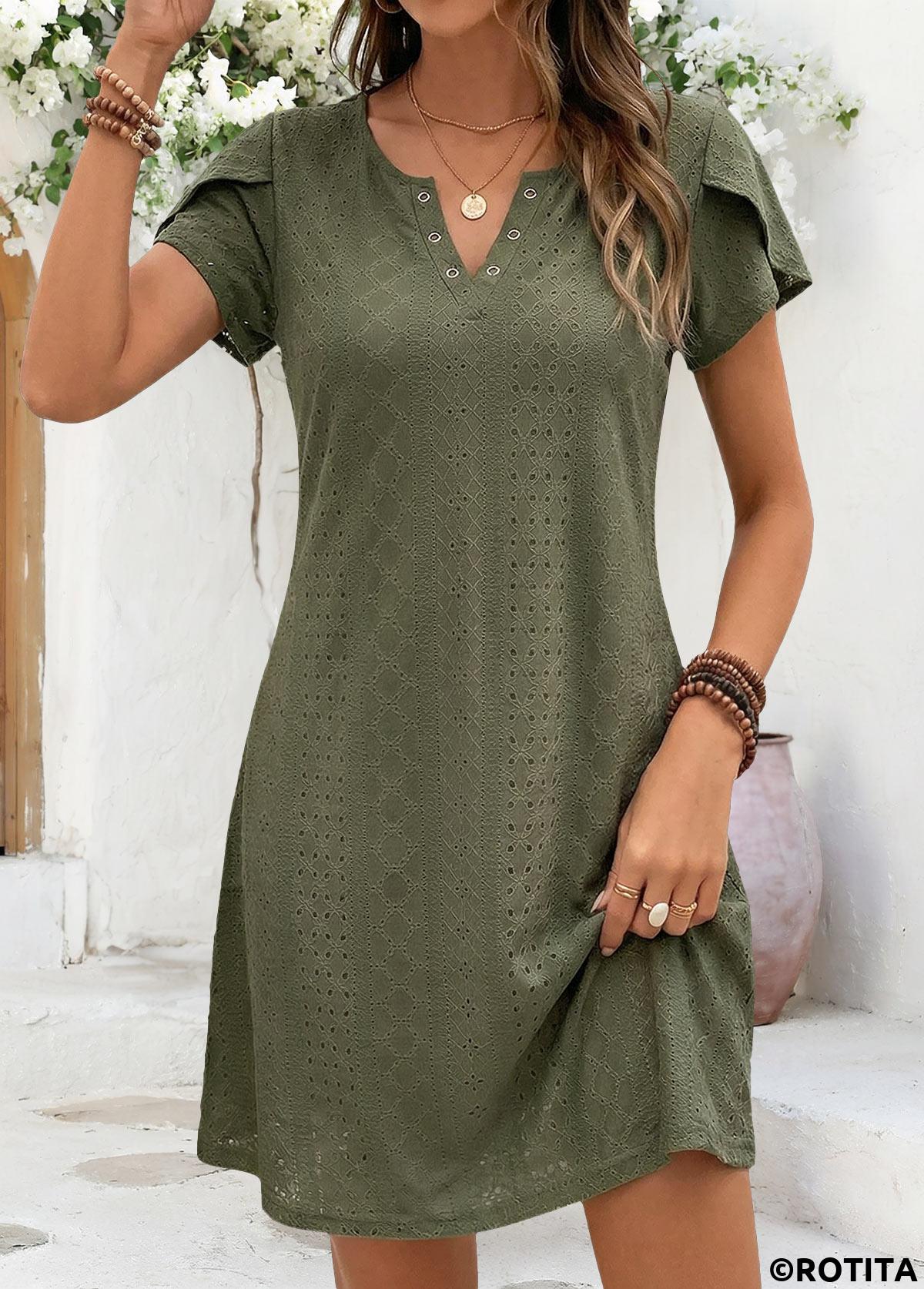 Sage Green dresses,Plain Color dresses,Everyday dresses,Casual dresses,ROTITA Sage Green Tummy Coverage Short Split Neck Dress