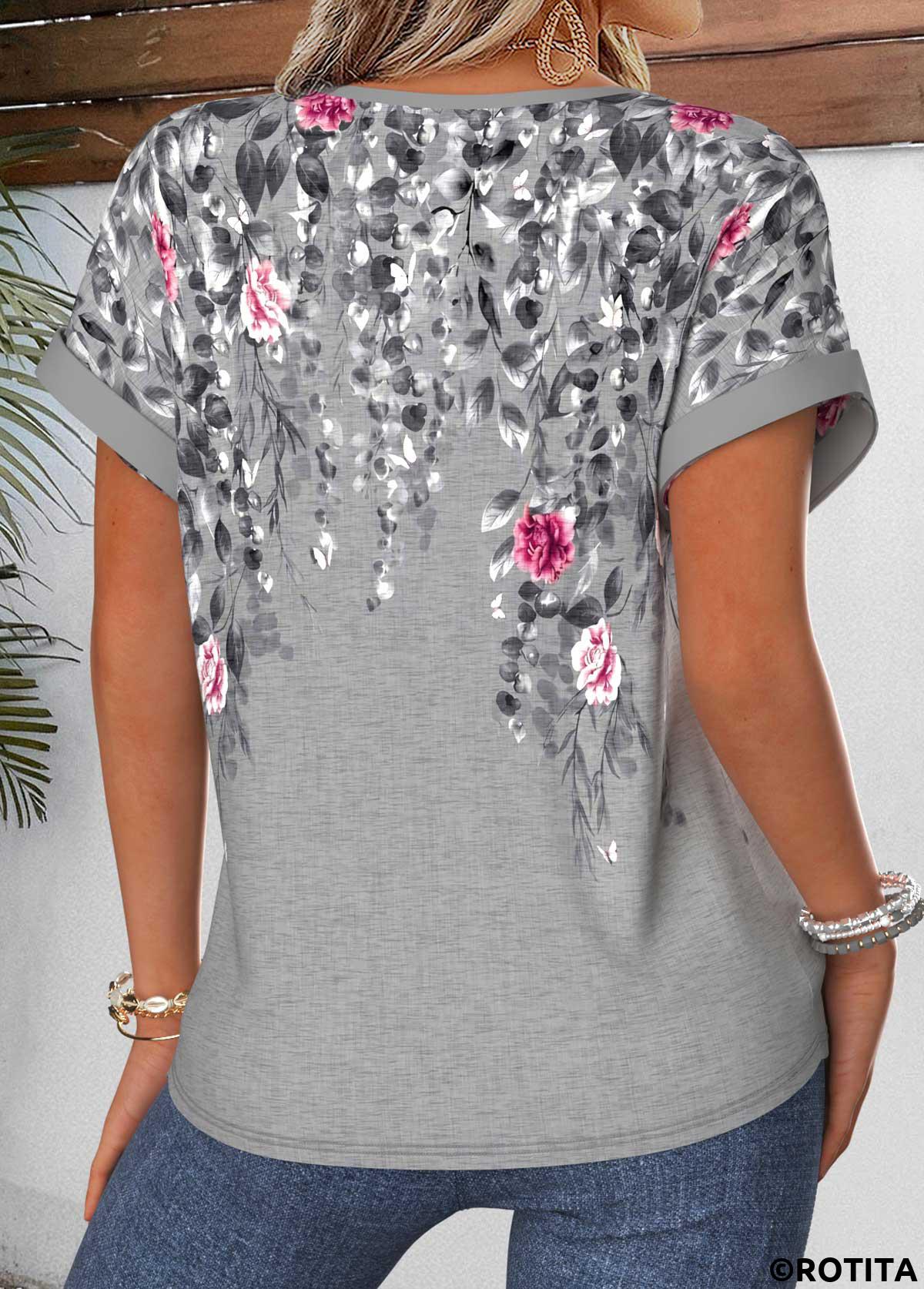 Grey tops,Floral tops,Plants tops,ROTITA Tummy Coverage Floral Print Grey Split Neck Blouse