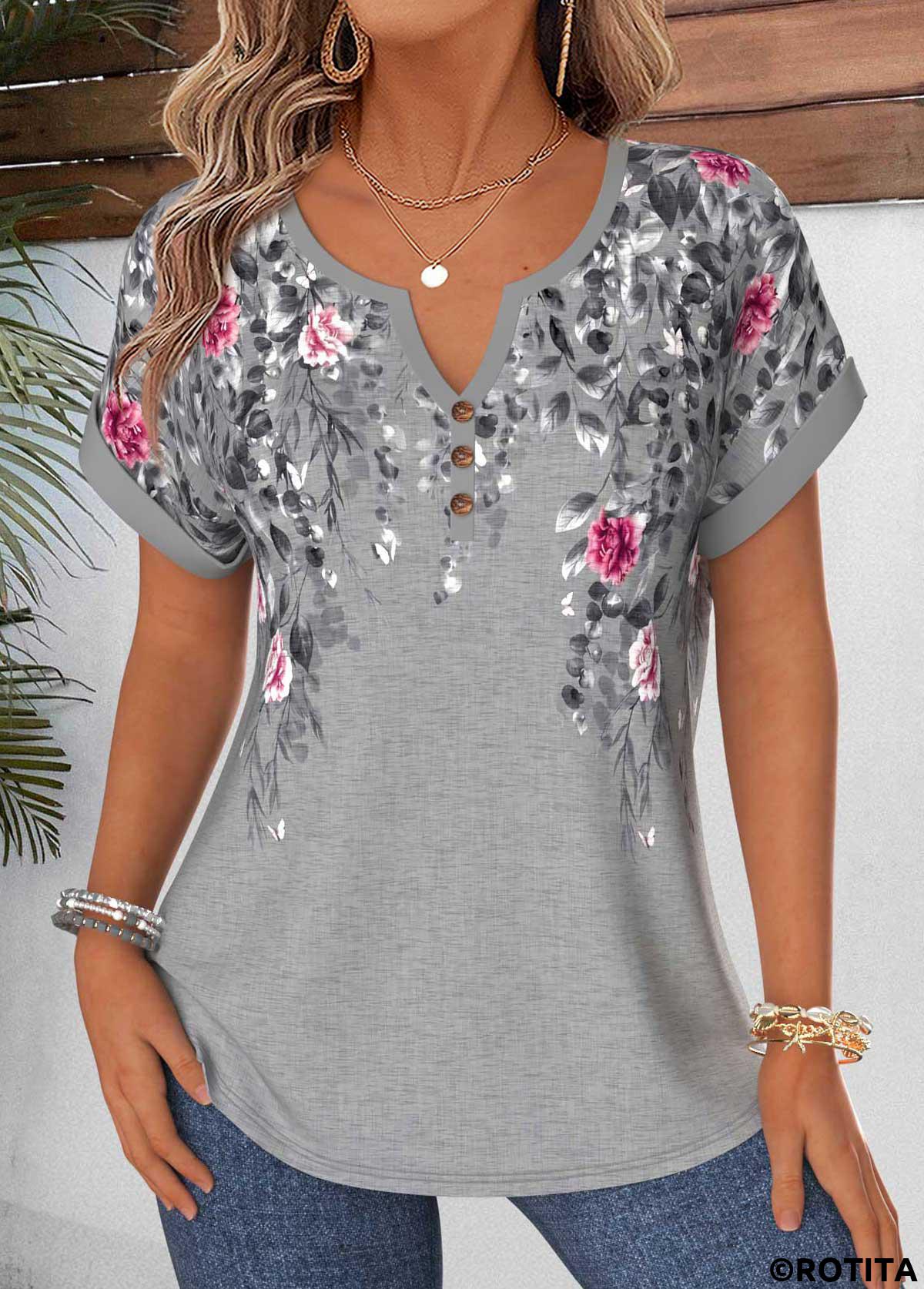 Grey tops,Floral tops,Plants tops,ROTITA Tummy Coverage Floral Print Grey Split Neck Blouse