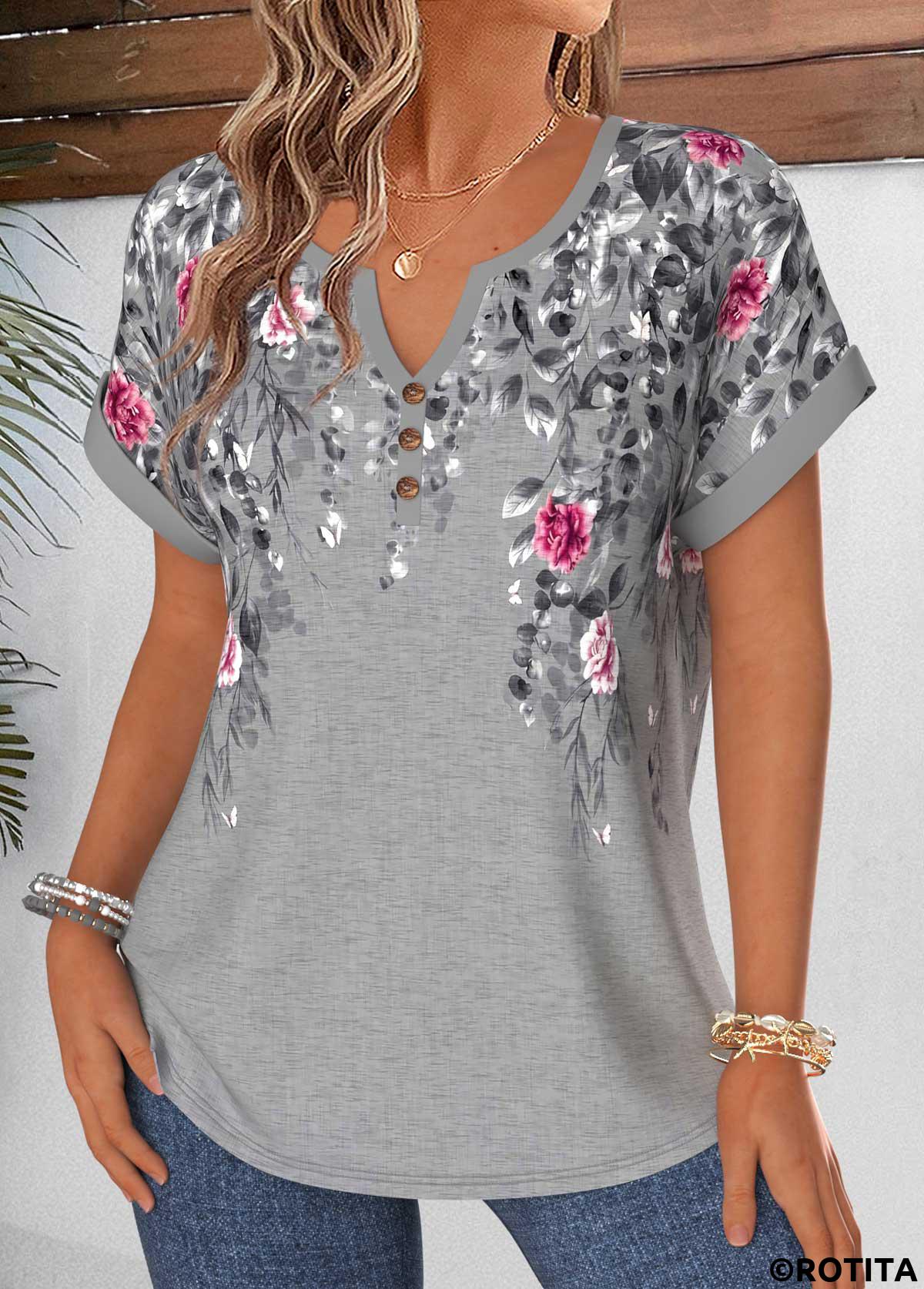 Grey tops,Floral tops,Plants tops,ROTITA Tummy Coverage Floral Print Grey Split Neck Blouse