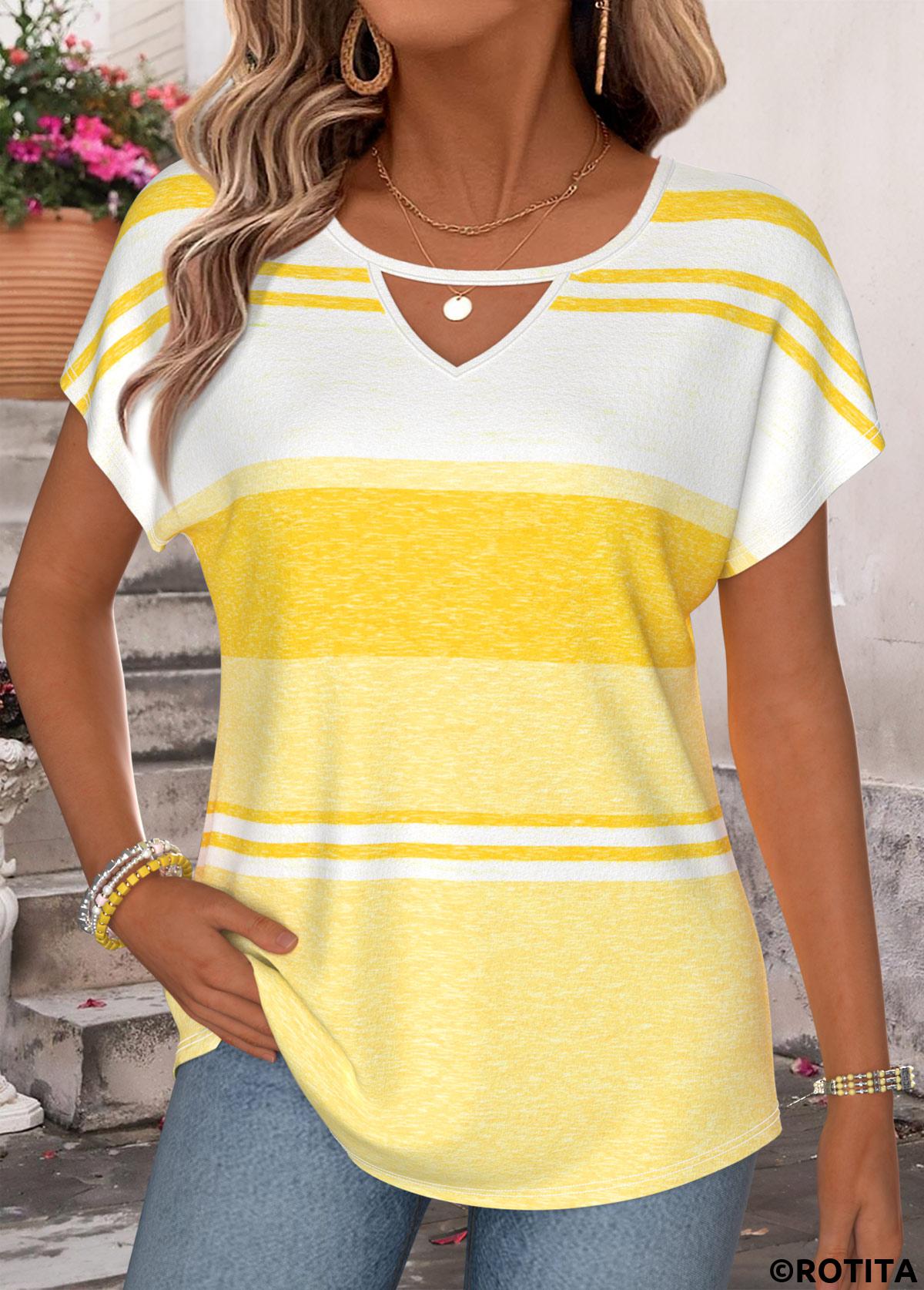 Yellow tops,Striped tops,Geometric tops,ROTITA Striped Yellow Round Neck Short Sleeve T Shirt