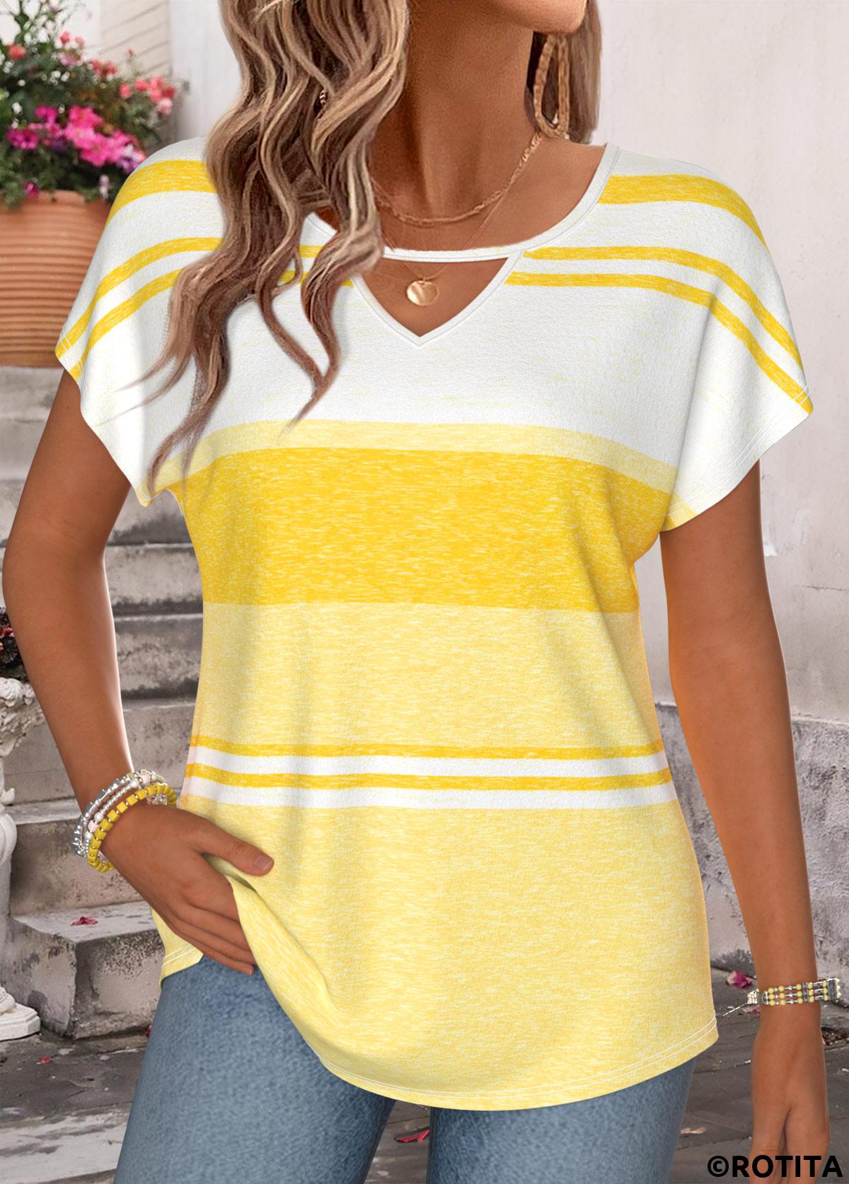 Yellow tops,Striped tops,Geometric tops,ROTITA Striped Yellow Round Neck Short Sleeve T Shirt