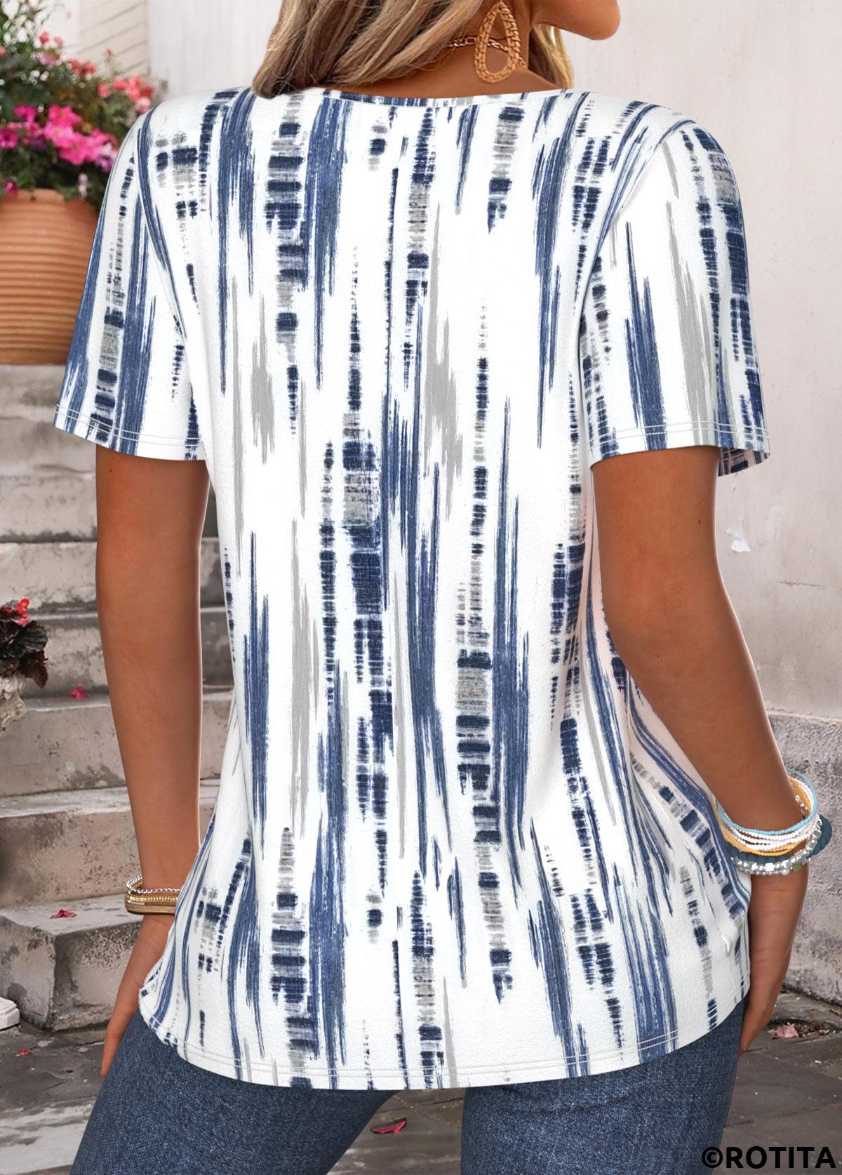 Blue tops,Striped tops,Geometric tops,ROTITA Striped Blue Split Neck Short Sleeve T Shirt