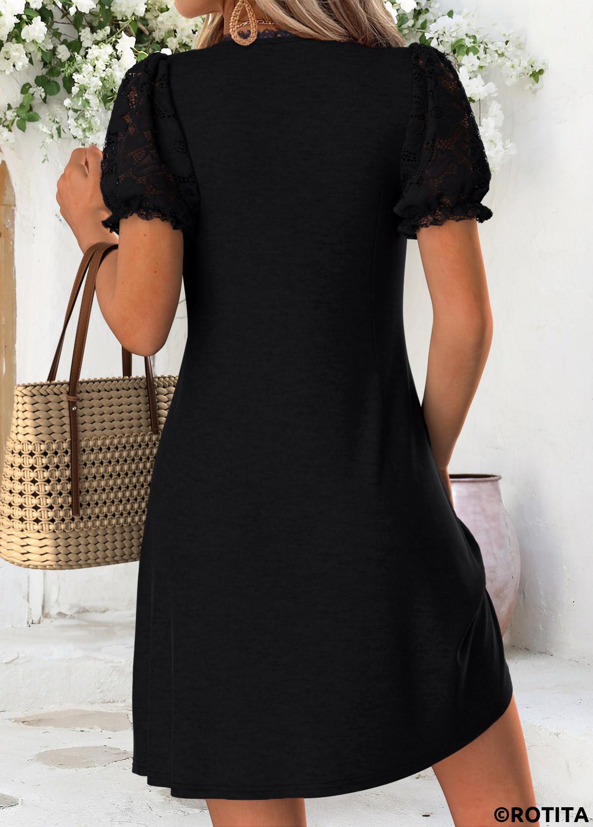 Black dresses,Plain Color dresses,Vacation dresses,Vacation dresses,ROTITA Black Tuck Stitch Short V Neck Dress