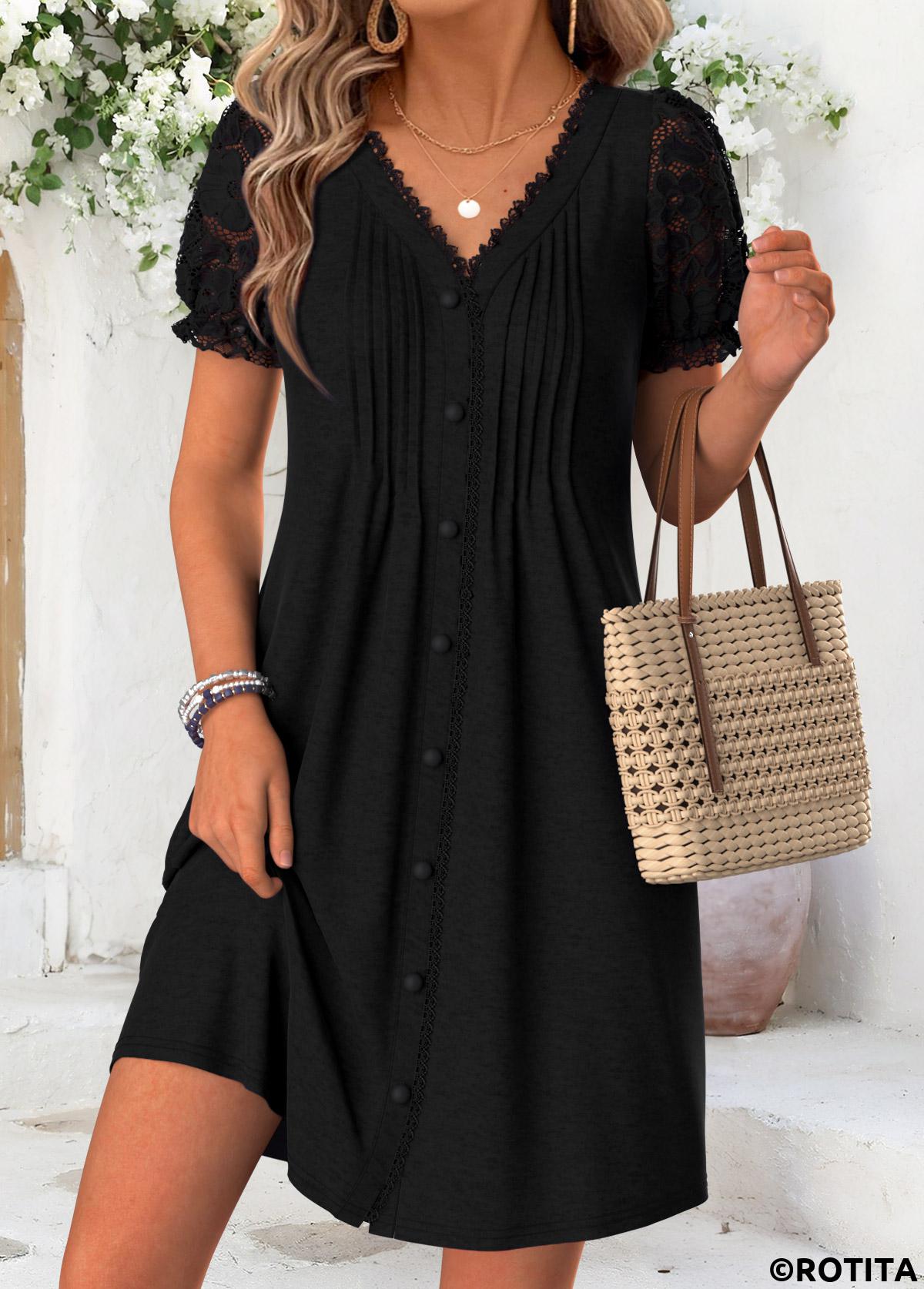 Black dresses,Plain Color dresses,Vacation dresses,Vacation dresses,ROTITA Black Tuck Stitch Short V Neck Dress