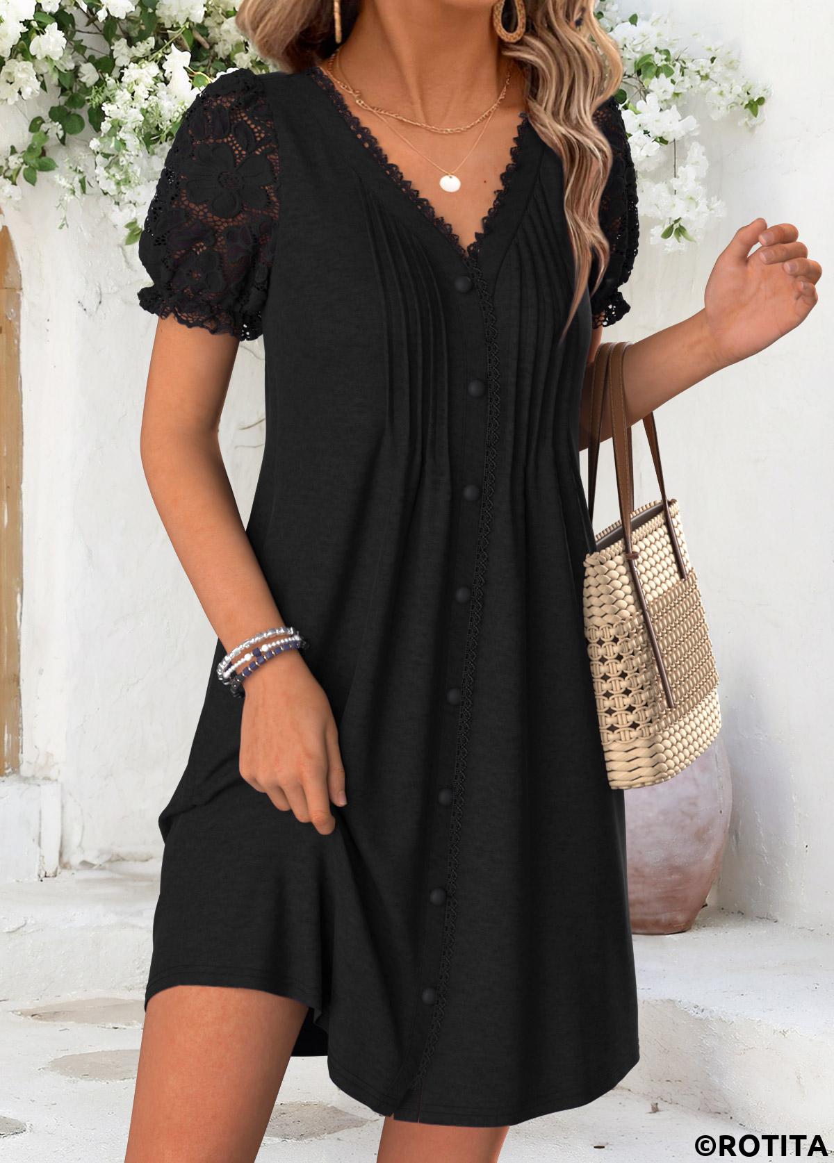 Black dresses,Plain Color dresses,Vacation dresses,Vacation dresses,ROTITA Black Tuck Stitch Short V Neck Dress