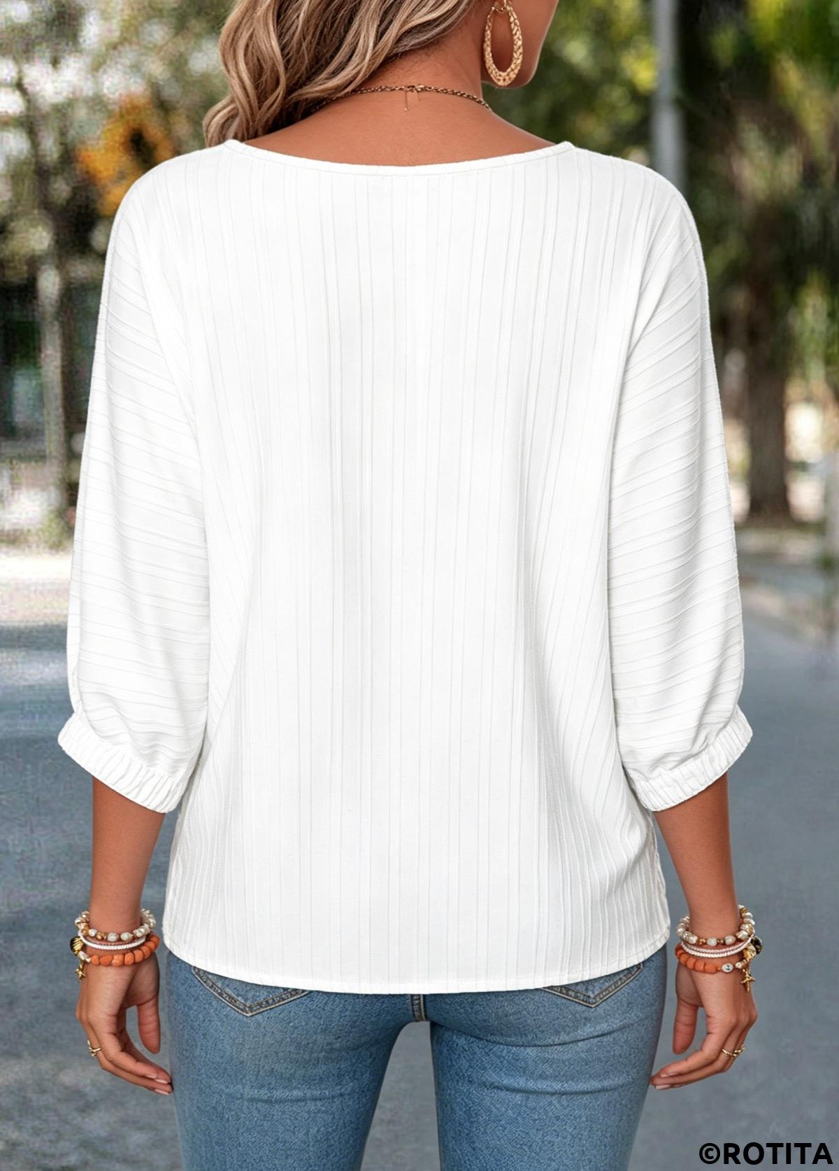 White tops,Floral tops,Plants tops,ROTITA Tummy Coverage Floral Print White Round Neck Blouse