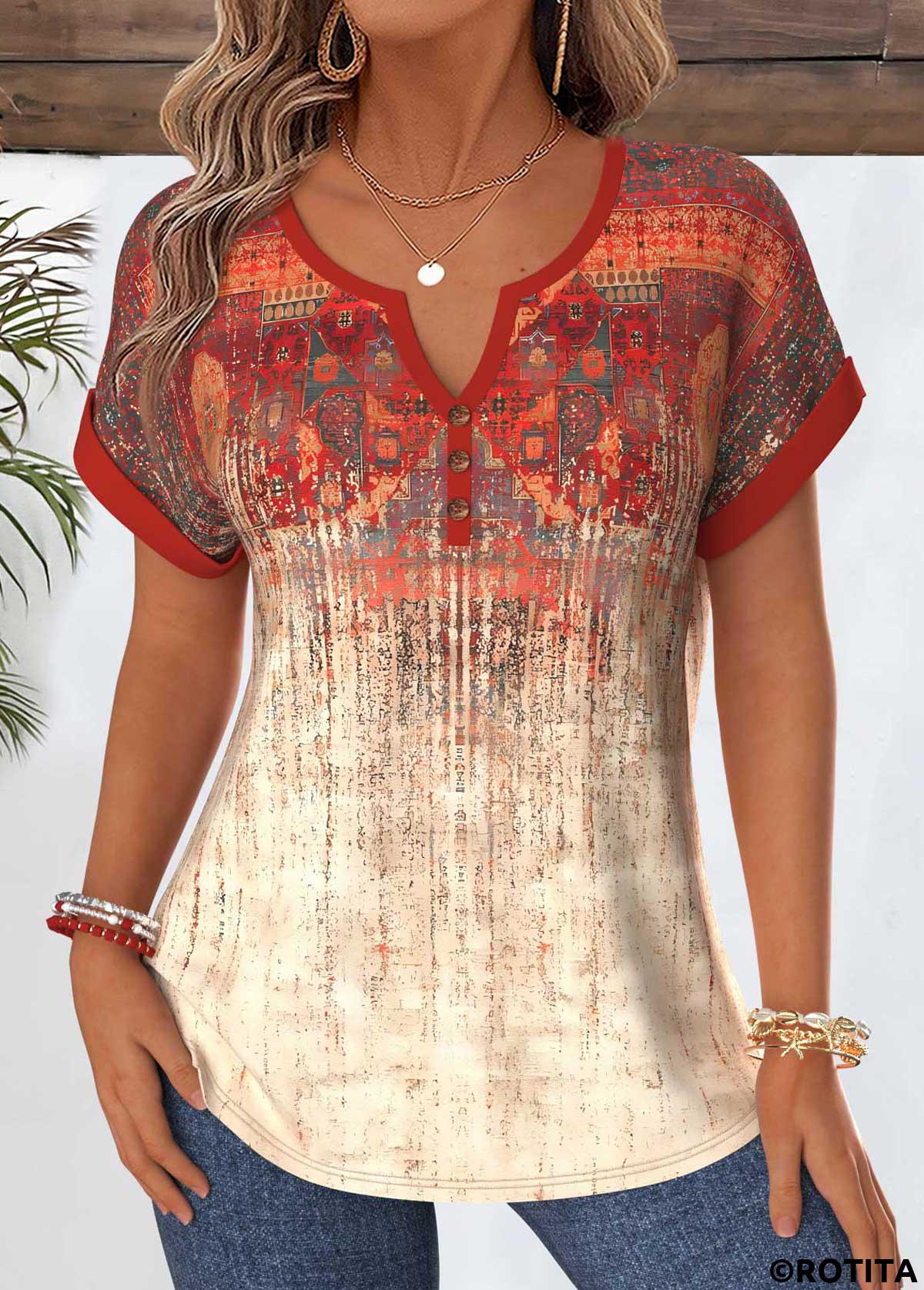 Red tops,Tribal tops,ROTITA Tummy Coverage Tribal Print Red Split Neck Blouse