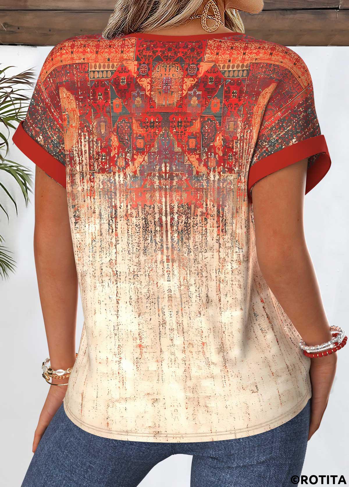 Red tops,Tribal tops,ROTITA Tummy Coverage Tribal Print Red Split Neck Blouse