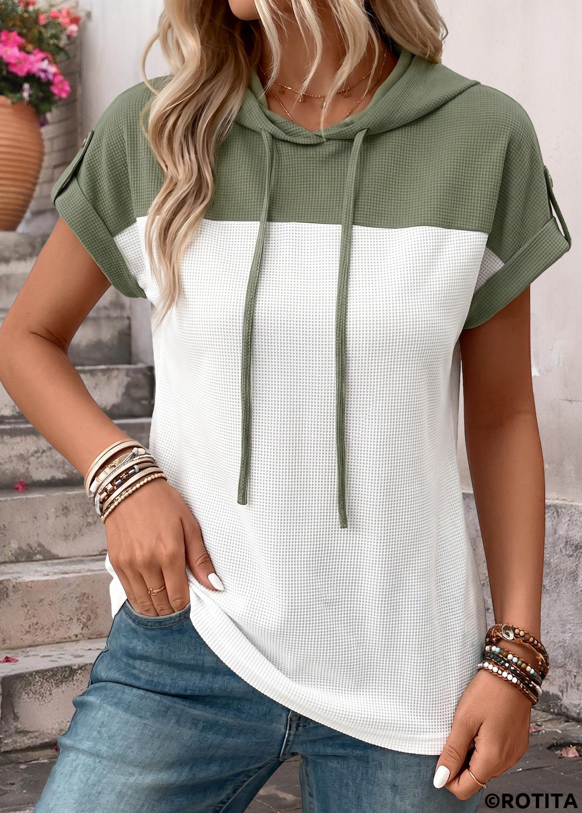 Sage Green tops,Contrast Color tops,ROTITA Curved Hem Sage Green Hooded Short Sleeve T Shirt