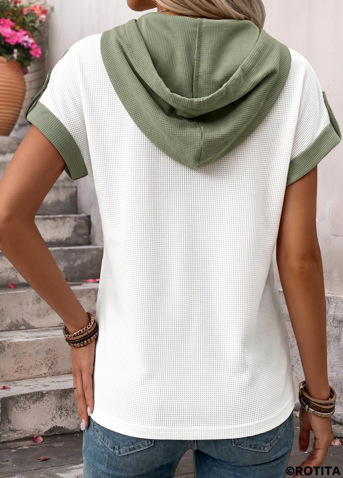 Sage Green tops,Contrast Color tops,ROTITA Curved Hem Sage Green Hooded Short Sleeve T Shirt