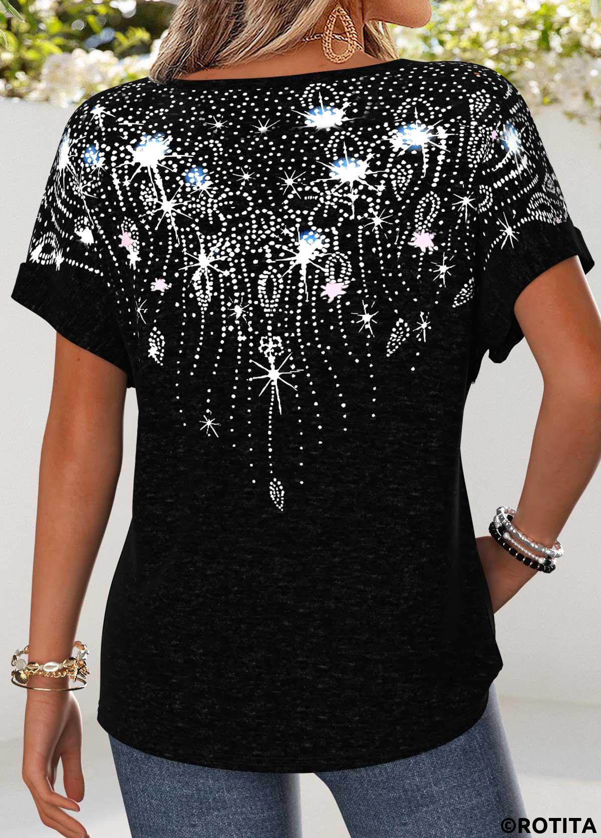 Black tops,Geometric tops,ROTITA Curved Hem Geometric Print Black Round Neck T Shirt