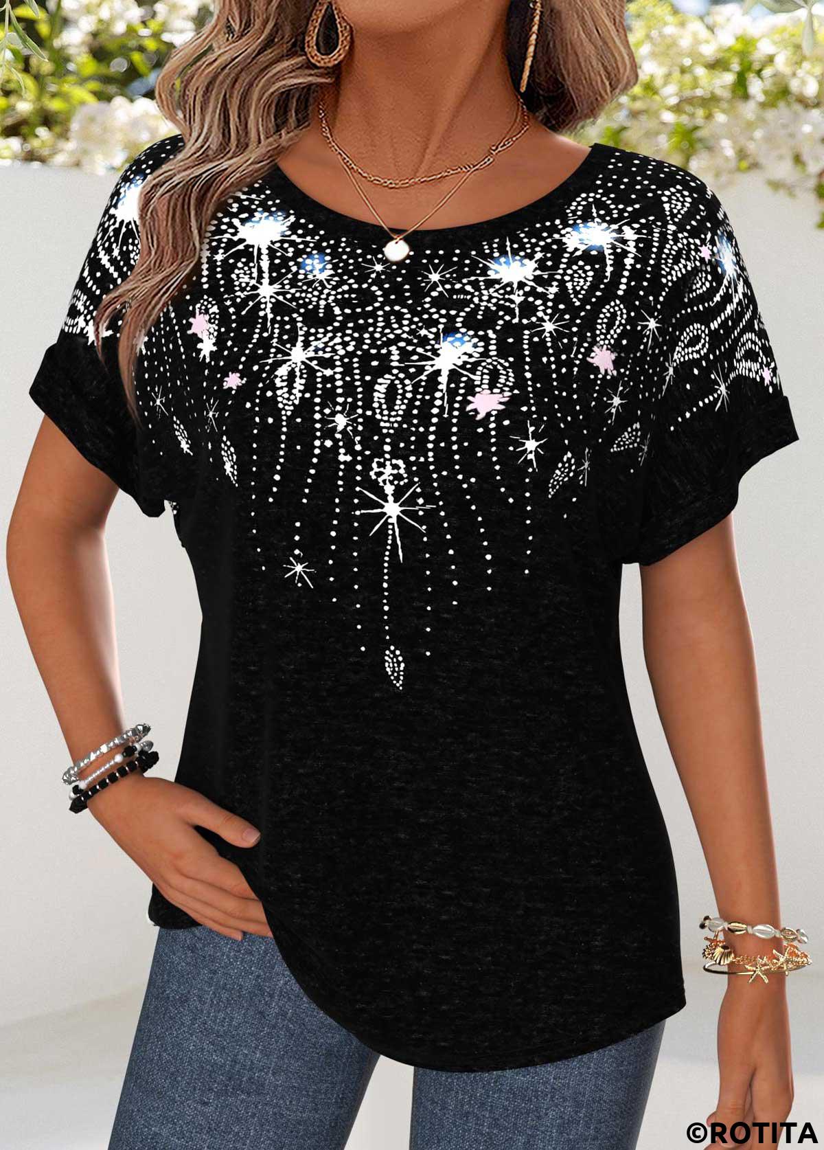 Black tops,Geometric tops,ROTITA Curved Hem Geometric Print Black Round Neck T Shirt