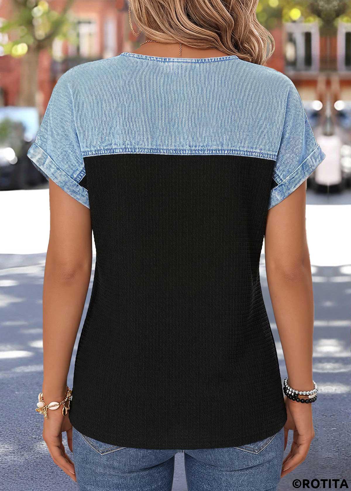 Black tops,Contrast Color tops,ROTITA Patchwork Black Split Neck Short Sleeve Blouse