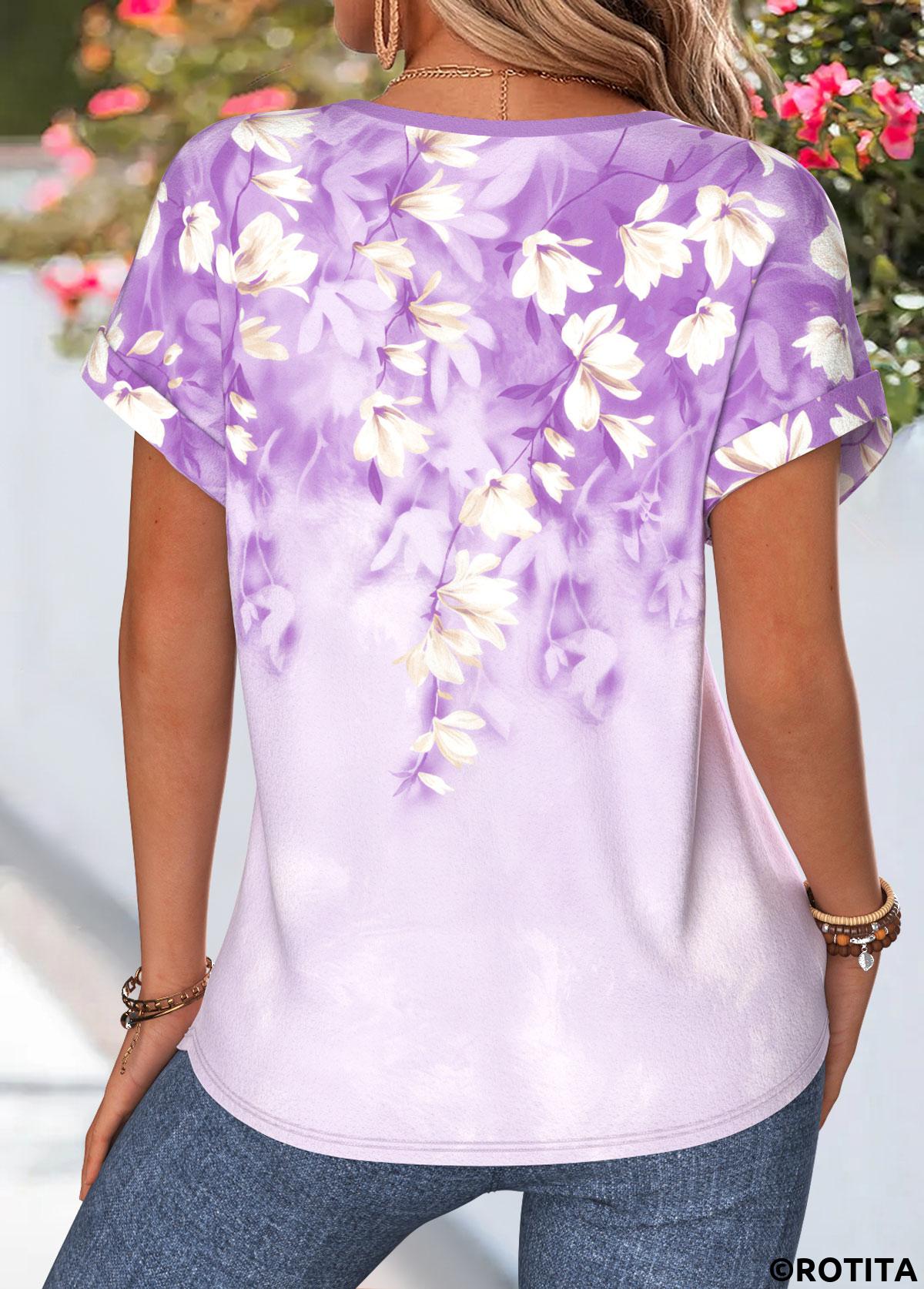 Light Purple tops,Floral tops,Plants tops,ROTITA Tummy Coverage Floral Print Light Purple Split Neck Blouse